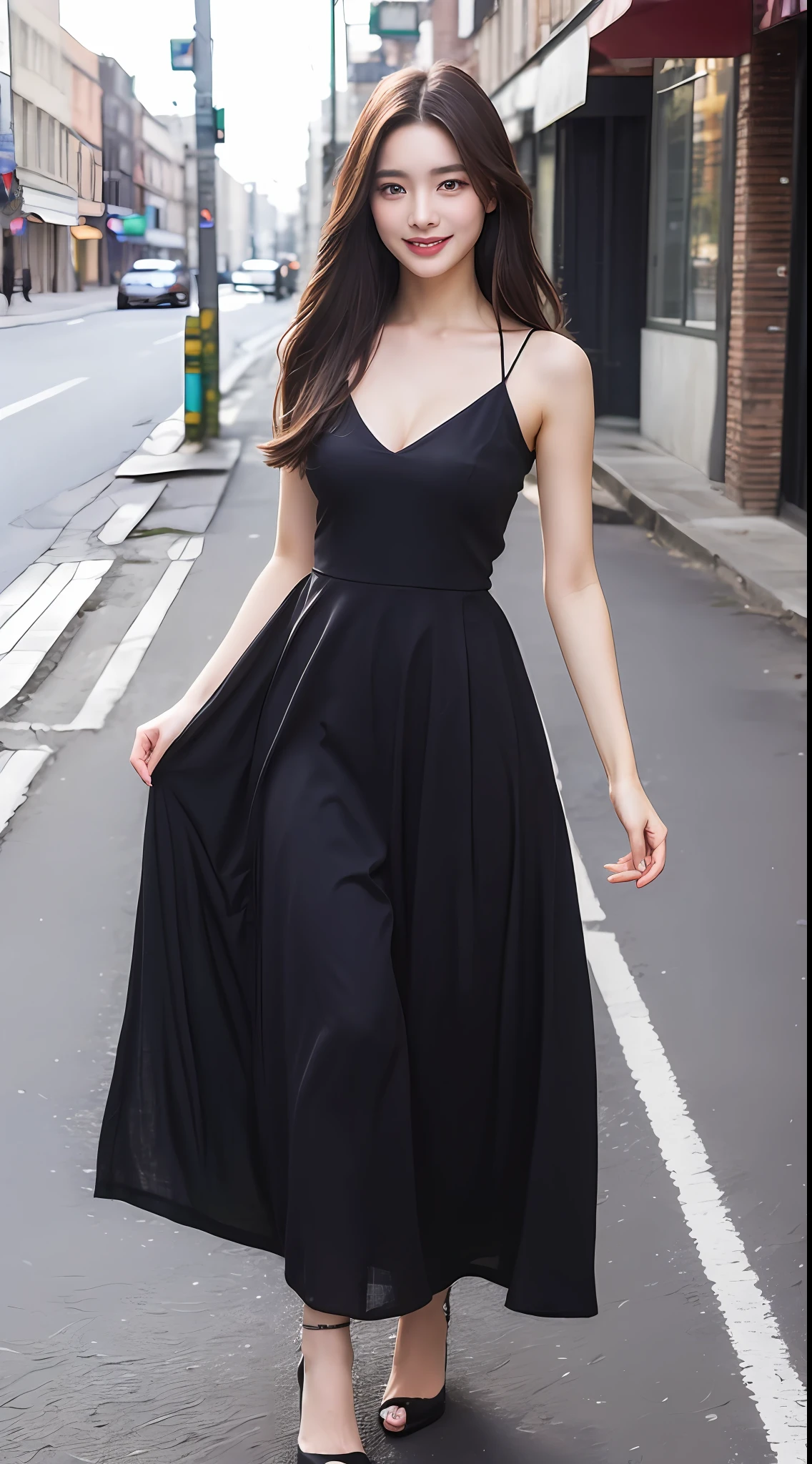 ((Best Quality, 8K, Masterpiece: 1.3)), 1 girl, smile, full body, slim face, pretty woman, (dark brown hair), full length dress :1.1, super detailed face, detailed eyes, double eyelids, blurred background, slim face, city, outside, street, big breasts