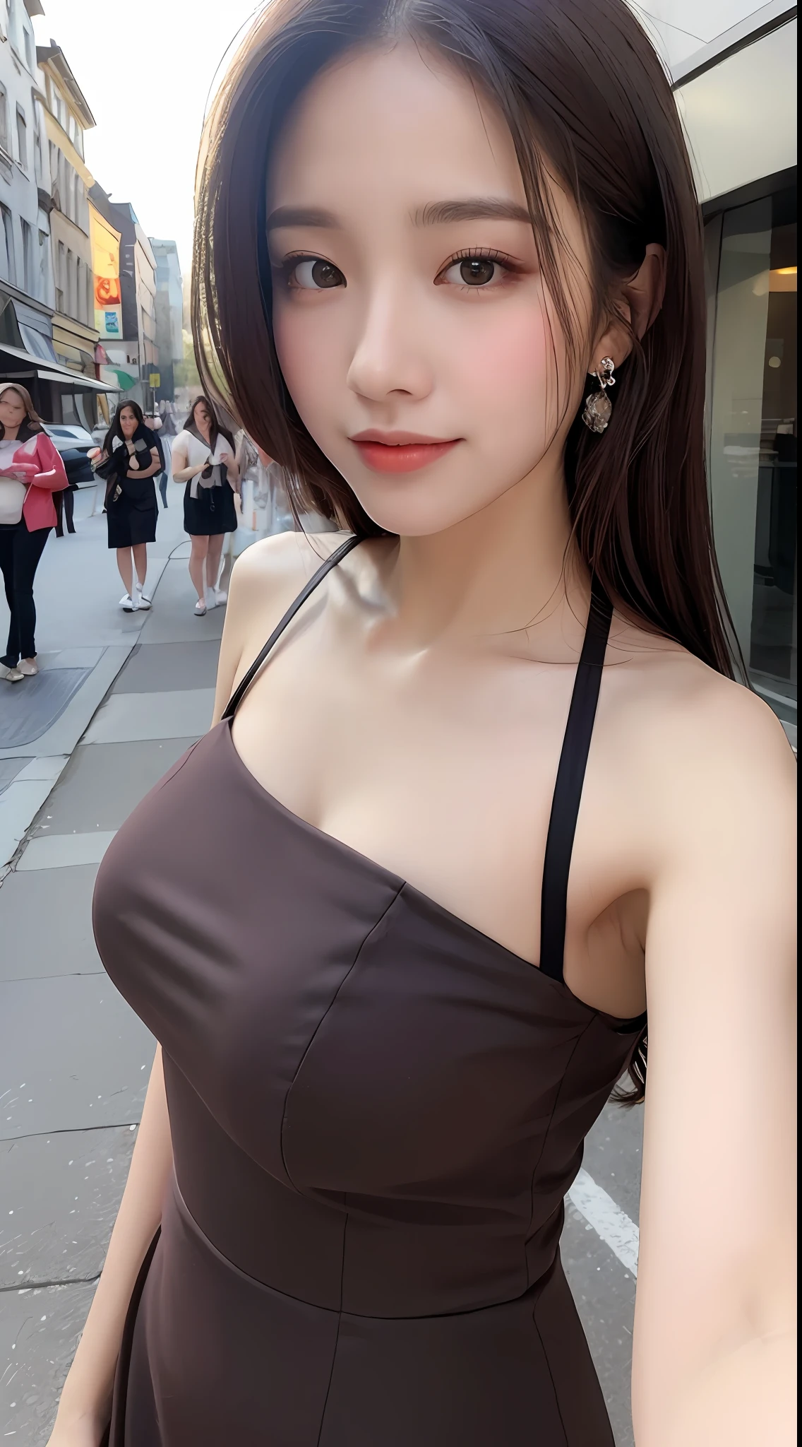 ((Best Quality, 8K, Masterpiece: 1.3)), 1 girl, smile, full body, slim face, pretty woman, (dark brown hair), full length dress :1.1, super detailed face, detailed eyes, double eyelids, blurred background, slim face, city, outside, street, big breasts