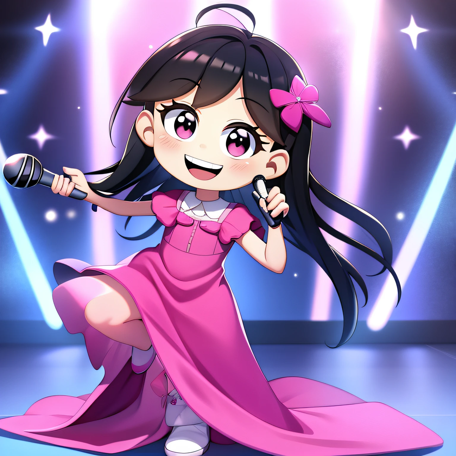 ((masterpiece, best quality)), (complex light), 1girl, solo, full body, 6--old l, girl with long, straight, black hair, dark eyes, smiling, with a microphone in hand. pink clothes