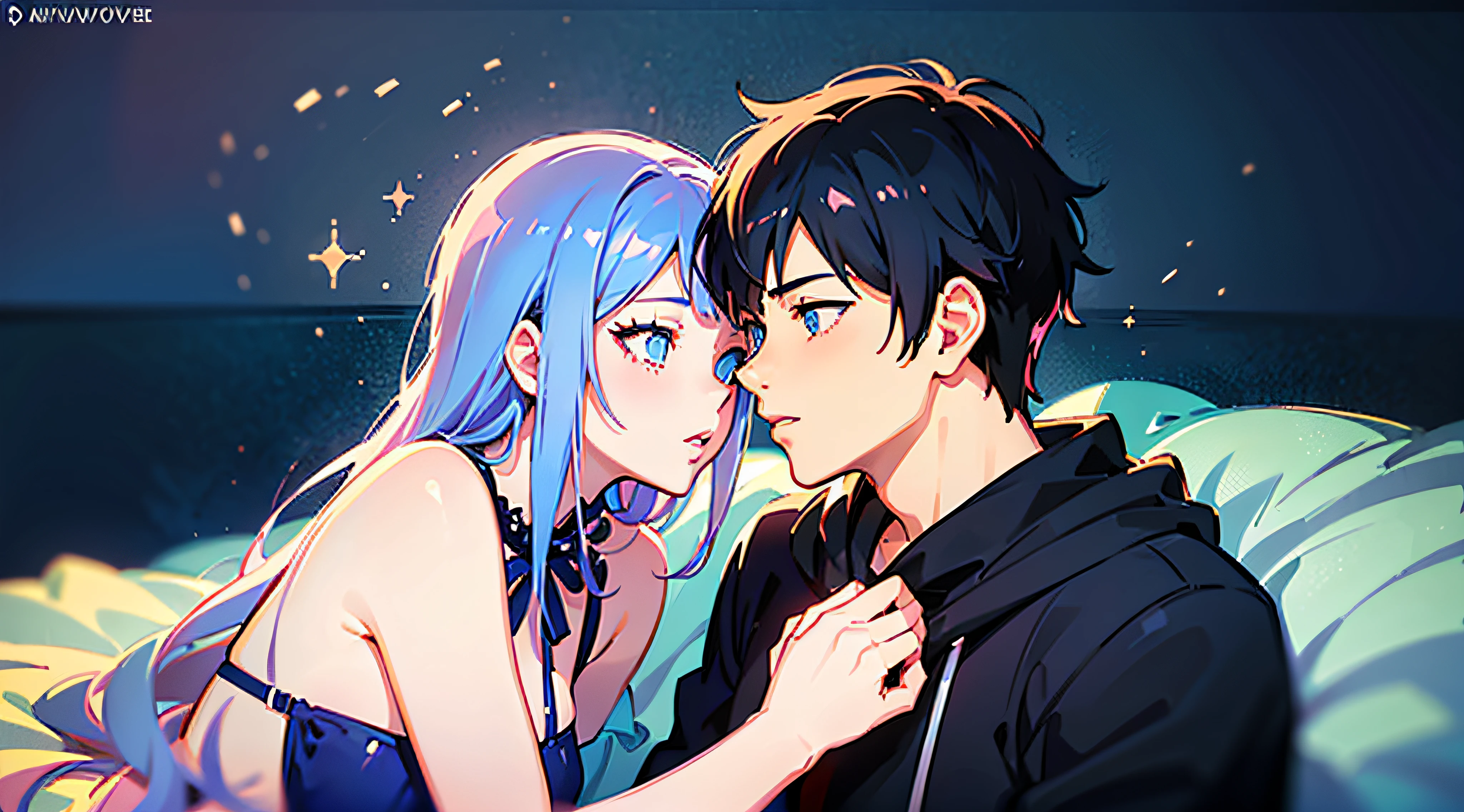 (woman with pink hair, sparkling light blue eyes)+(man with black hair and sparkling dark blue eyes)+(Ilya Kuvshinov anime style:1.2)+(couple kissing in bed)+(high quality full body image)