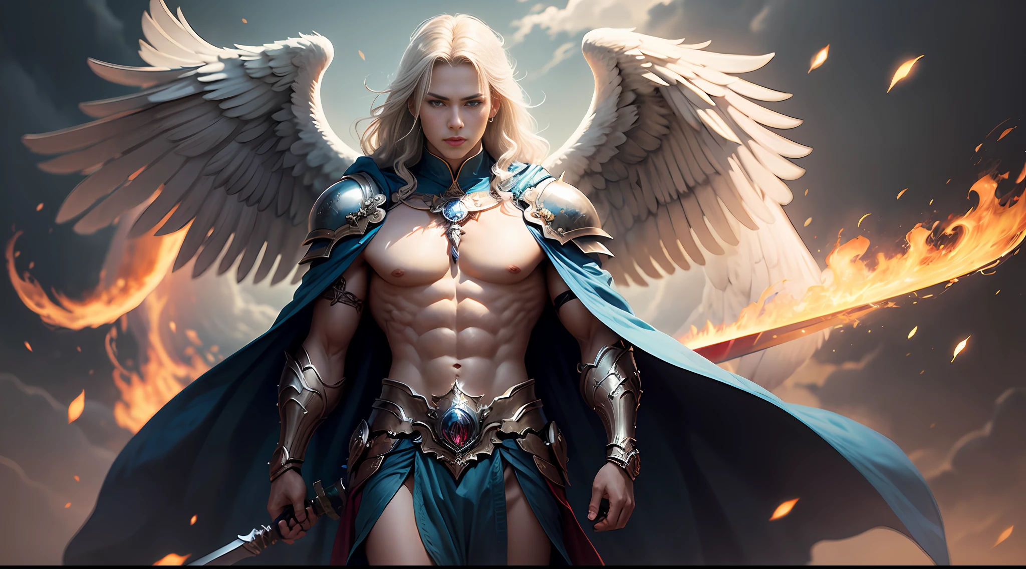 A powerful Archangel Michael, with a muscular build and hair, stands in full battle armor of golden pearls, flaming blue sword, a flaming sacred aura radiating from his body, holy spirit, a blue cloak flying in the wind, and a background of dark smoke. Rendered in UHD with a highly detailed and realistic painting style, Best quality, masterpiece, ultra high resolution, (anime realism, photorealistic: 1.4), perfect composition, centered inspired by the works of Laura Sava, Luis Royo and Yuchenghong. --auto