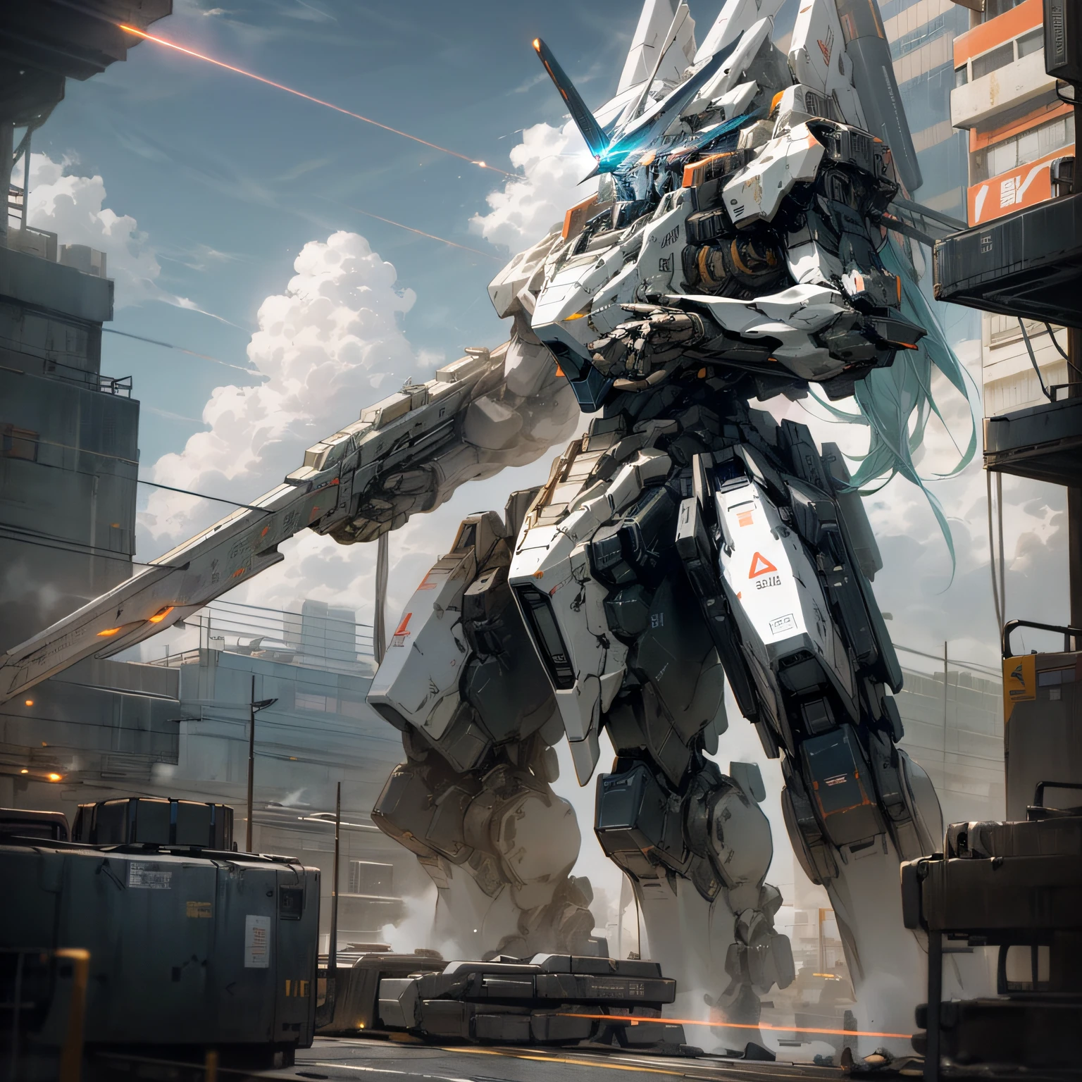 sky, cloud, holding_weapon, no_humans, glowing, , robot, building, glowing_eyes, mecha, science_fiction, city, realistic,mecha --auto