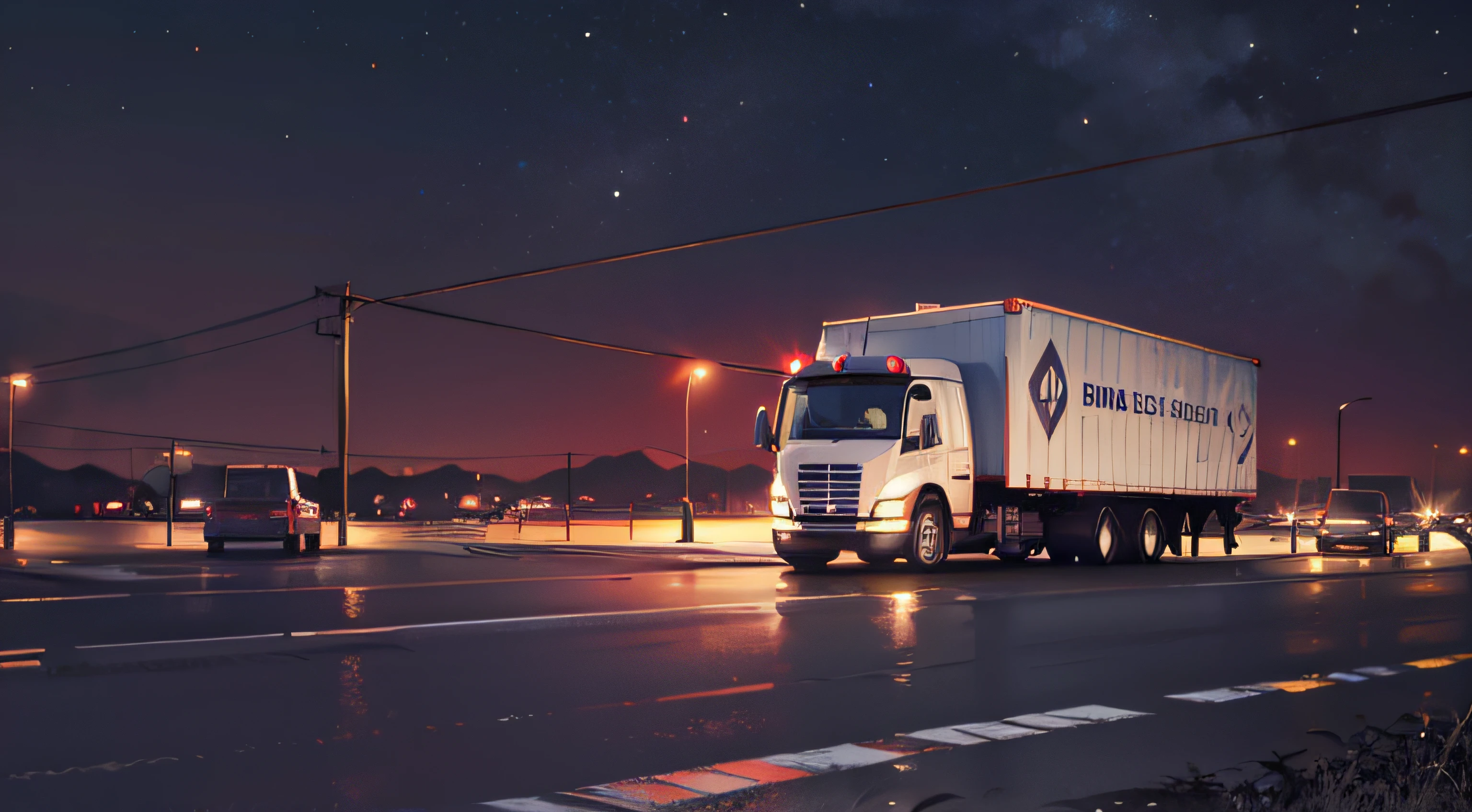a stopped cargo truck, overlooking a dark road, dark night, dark road, dark street, with pole without, realistic, well detailed, with a ghost of woman in bland dress on the street next to the truck, dark desert, 1 gas station isolated in the dark, dark night, poles without light --auto