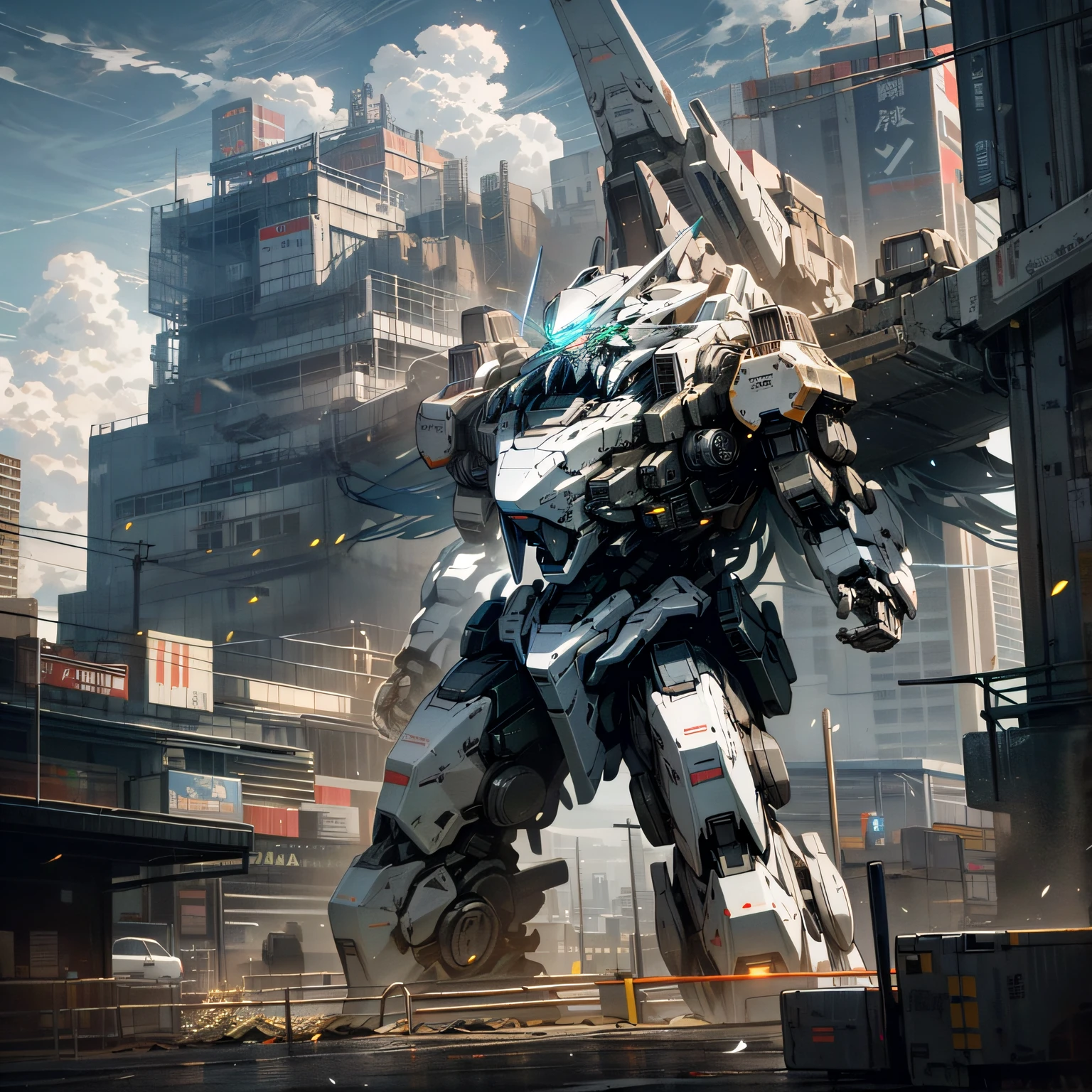 sky, cloud, holding_weapon, no_humans, glowing, , robot, building, glowing_eyes, mecha, science_fiction, city, realistic,mecha --auto