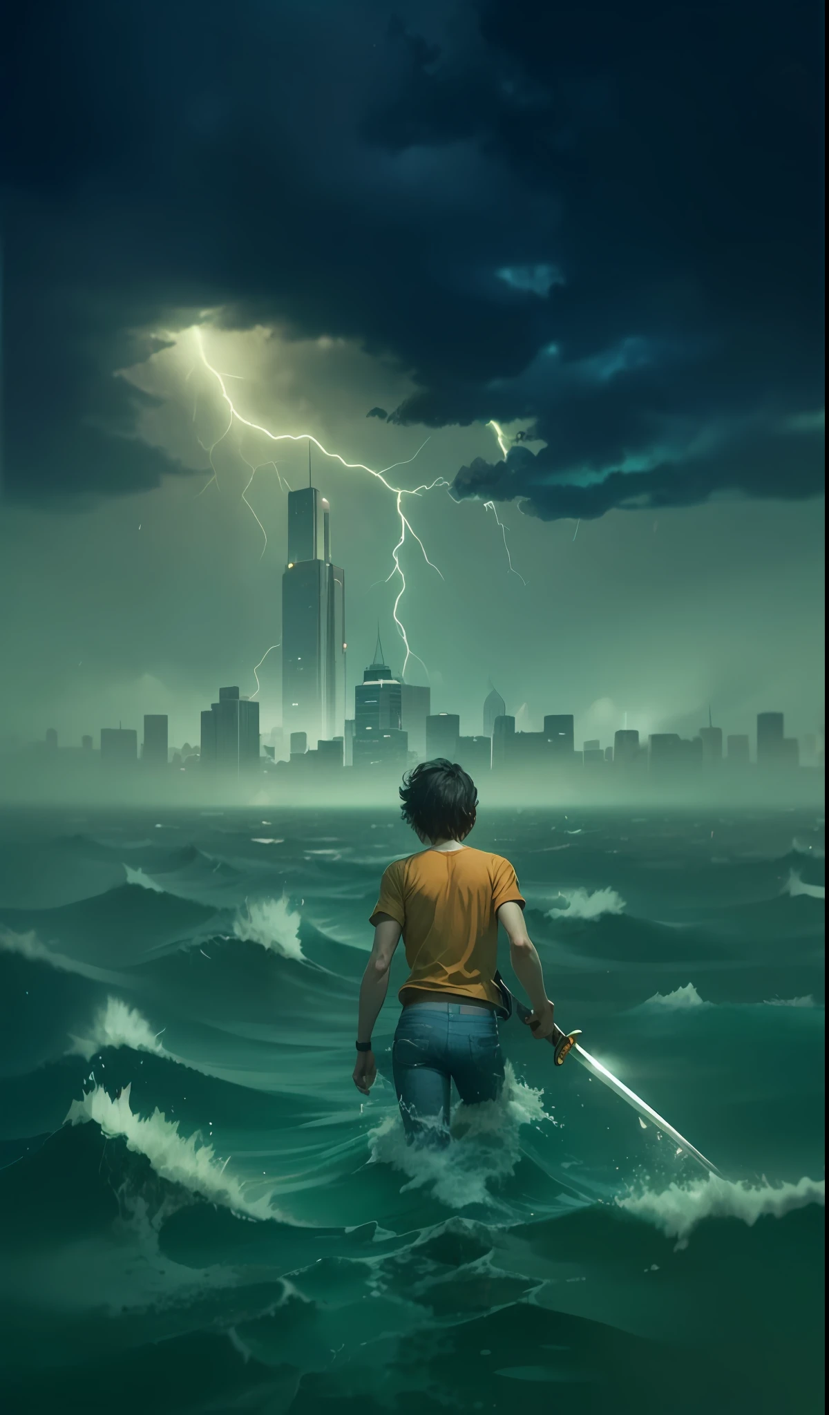 4k, detailed. Male teenager in orange T-shirt and jeans. He is holding a sword and a bull cipher. It's looking at a very distande city with lightning falling on the city. He's walking on the sea.