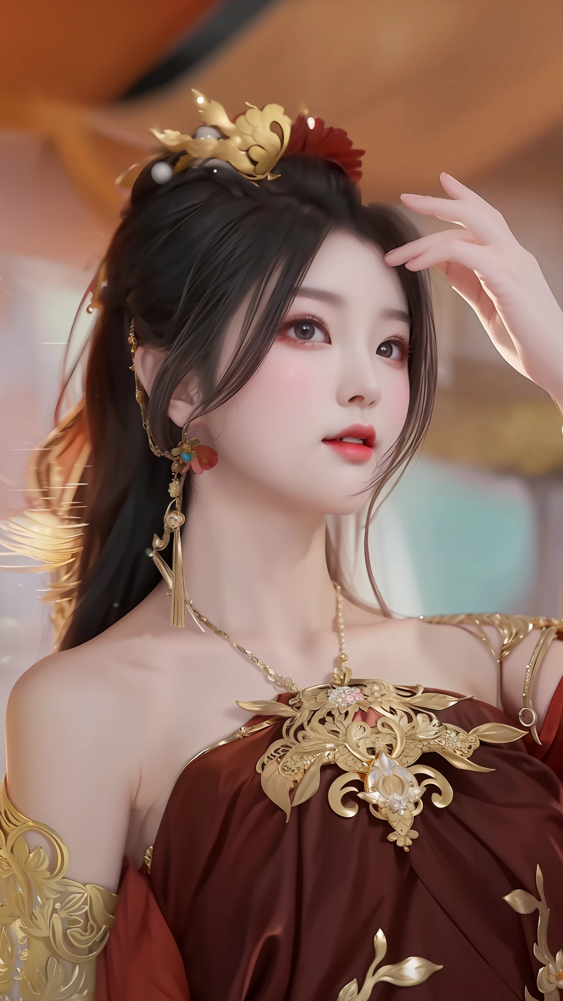 a close up of a woman wearing a red dress and gold jewelry, gorgeous chinese model, a beautiful fantasy empress, inspired by Du Qiong, inspired by Huang Ji, palace ， a girl in hanfu, by Yang J, sha xi, inspired by Zhang Yin, inspired by Song Maojin, chinese style, beautiful render of tang dynasty