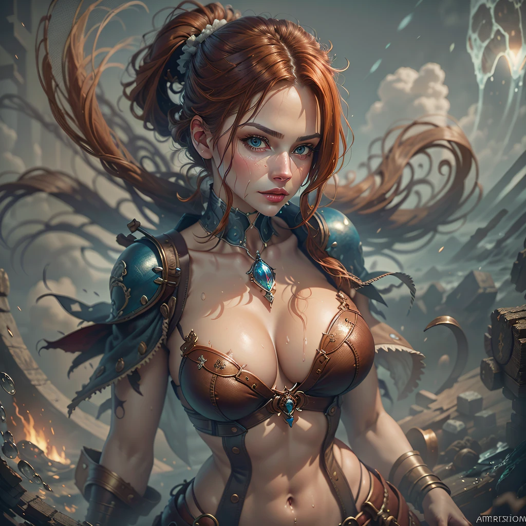 beautiful ginger women in detailed full length body wet lather pirate's suit, air above hair, IPA award wining, masterpiece, ultimate lighting, art by top 5 artstation artists, spectacular view, chromatic aberration, glaring lather, ambient occlusion, bouncing lights, sharp focus, sharp contrast, best backlighting