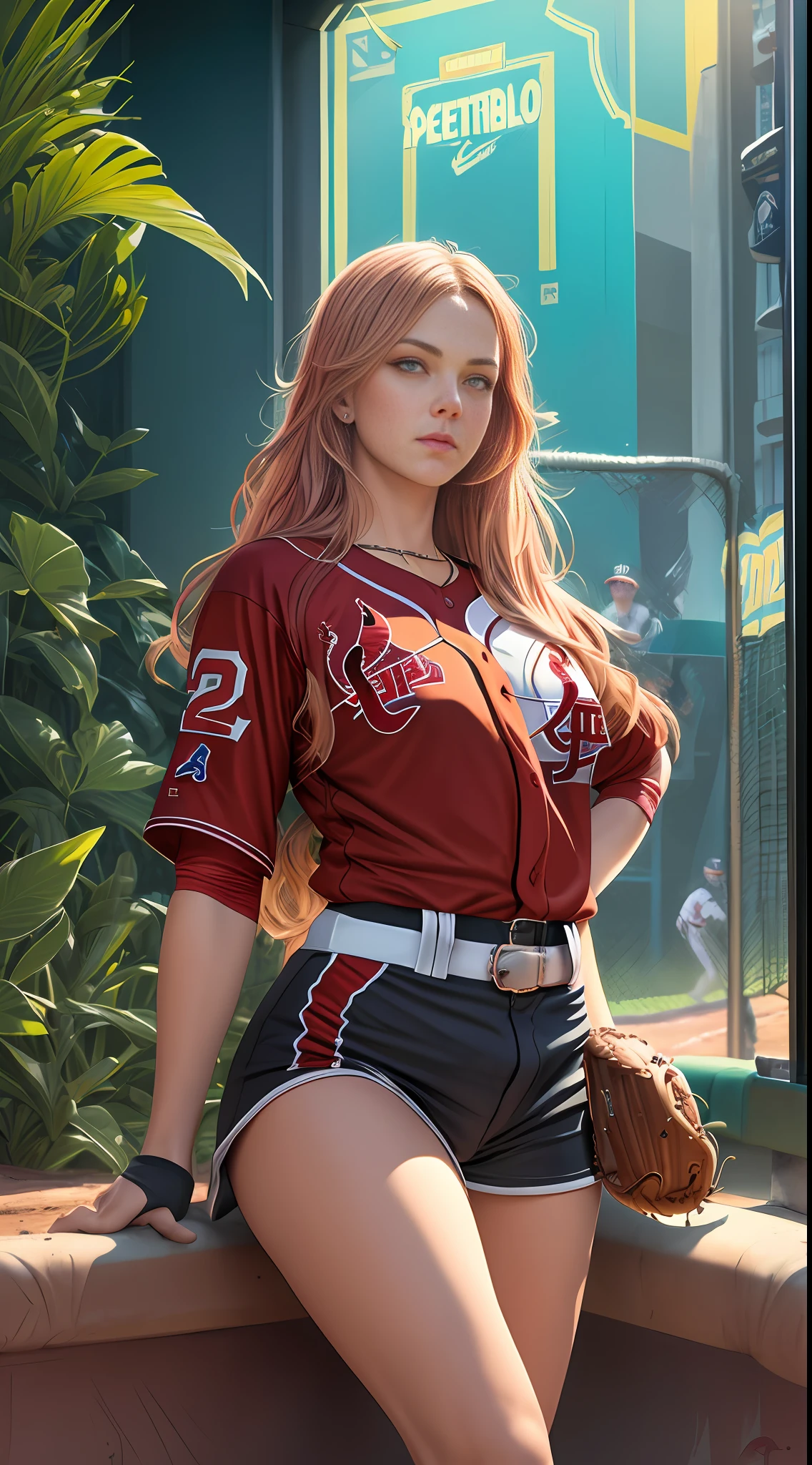 Teddi Mansueto, full body potrait of a photorealistic beautiful woman, (spectating a baseball game:1.5), hands in pockets:1.25, staring at camera in front, intense coloration fantasy, light hair, a stunning realistic photograph 20 years , random colored hair, (St Louis Cardinals fan fashion:1.3), random color eyes, full body, cover, hyperdetailed painting, luminism, octane render, Bar lighting, complex, 8k resolution concept art portrait by Martina Fačková and Prywinko Art, Artgerm, WLOP, Alphonse Mucha, Tony Taka, fractal isometrics details bioluminescence, hypereallistic cover photo awesome full color, hand drawn, bright, gritty, realistic, davinci, erte .12k, intricate. hit definition , cinematic,Rough sketch, mix of bold dark lines and loose lines, bold lines, on paper , real life human