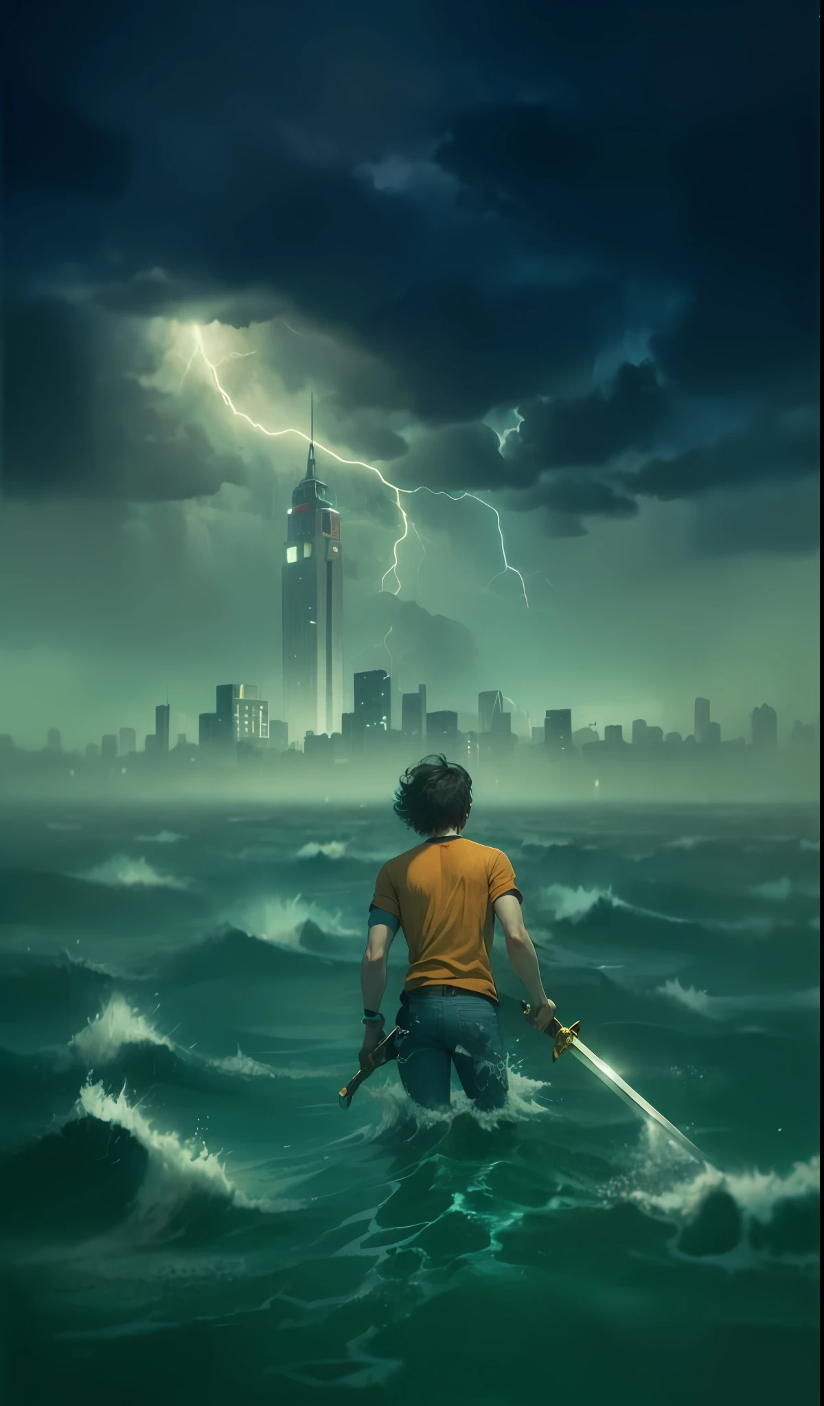 4k, detailed. Male teenager in orange T-shirt and jeans. He is holding a sword and a bull cipher. It's looking at a very distande city with lightning falling on the city. He's walking on the sea.