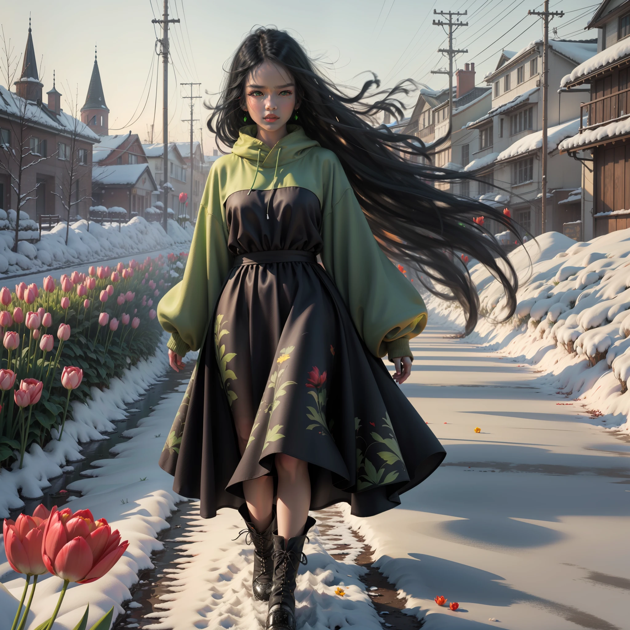 a girl walking on the snow, her black hair flying in the wind, her bright green eyes staring at red tulips among shimmering Chrysanthemums