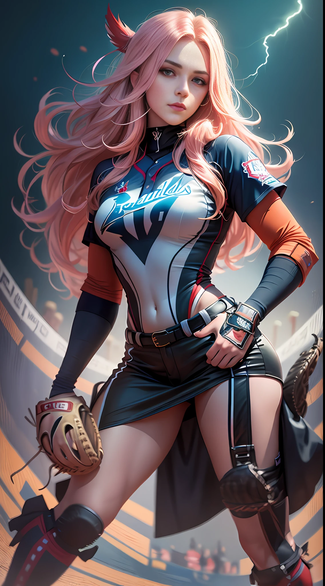 Teddi Mansueto, full body potrait of a photorealistic beautiful woman, (spectating a baseball game:1.5), hands in pockets:1.25, staring at camera in front, intense coloration fantasy, light hair, a stunning realistic photograph 20 years , random colored hair, (St Louis Cardinals fan fashion:1.3), random color eyes, full body, cover, hyperdetailed painting, luminism, octane render, Bar lighting, complex, 8k resolution concept art portrait by Martina Fačková and Prywinko Art, Artgerm, WLOP, Alphonse Mucha, Tony Taka, fractal isometrics details bioluminescence, hypereallistic cover photo awesome full color, hand drawn, bright, gritty, realistic, davinci, erte .12k, intricate. hit definition , cinematic,Rough sketch, mix of bold dark lines and loose lines, bold lines, on paper , real life human