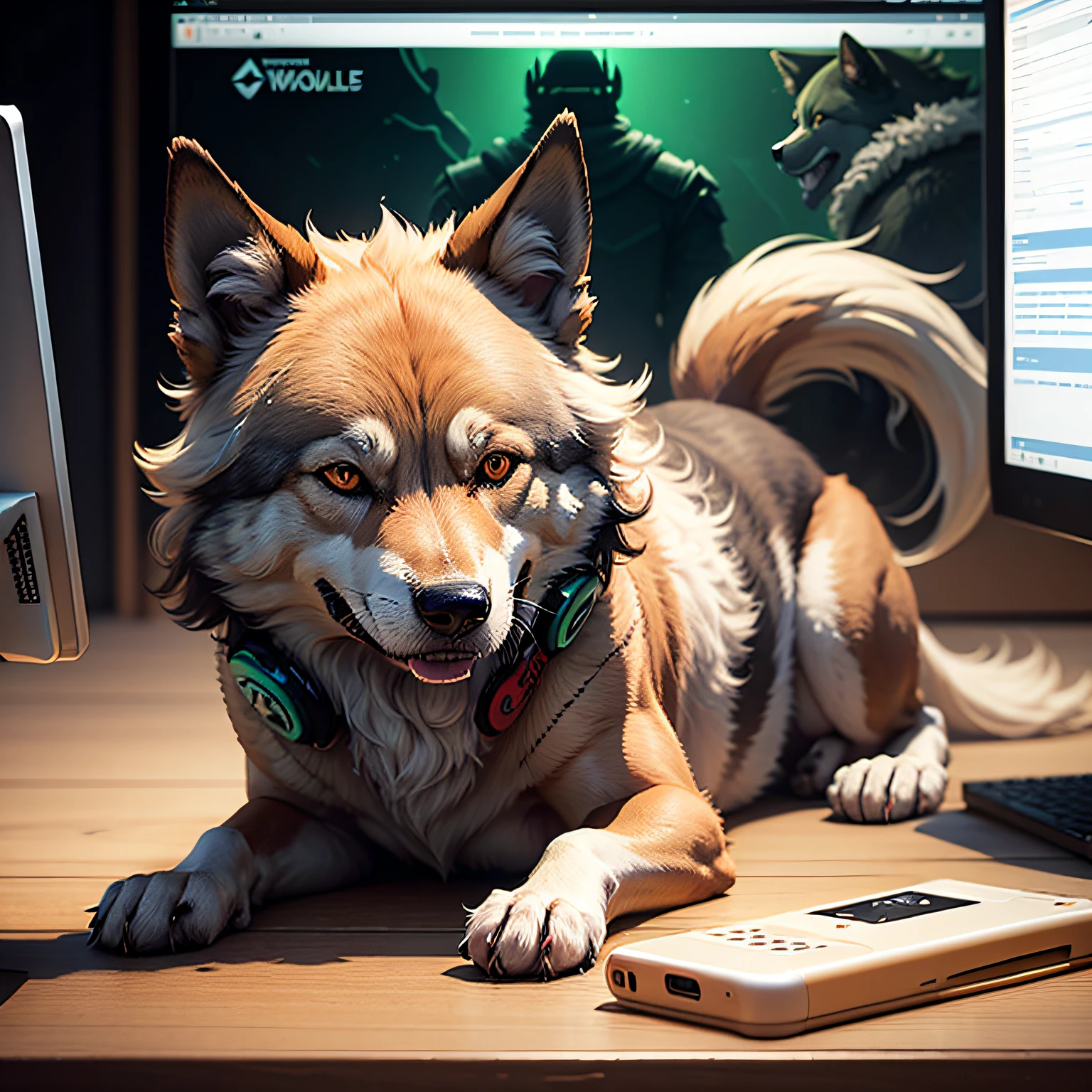 logo, with a dog with a lot of fur, wolf style, blue green, gamer style logo --auto