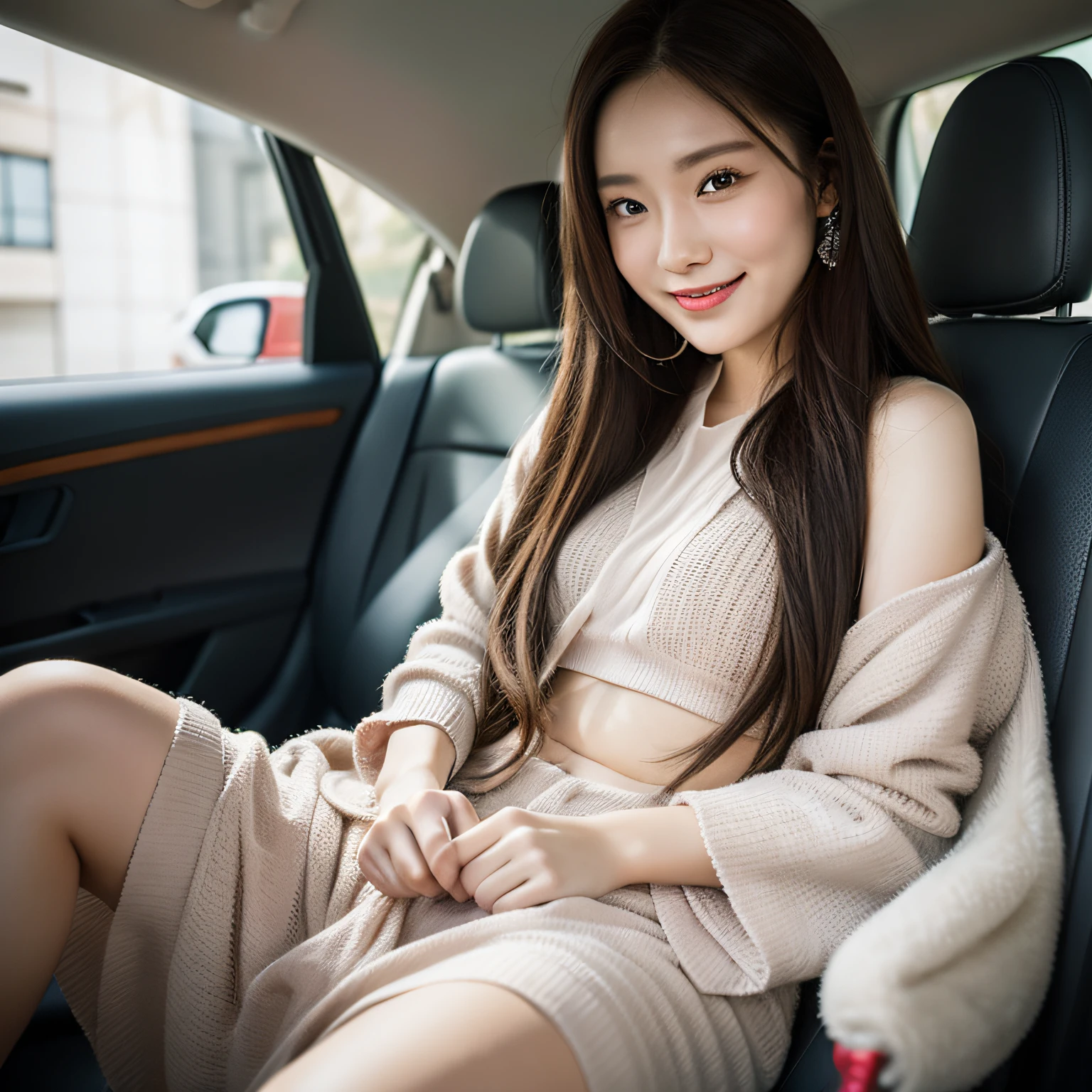 There is a woman sitting in a car with long hair and smiling, 8K selfie taken with Nikon Z9, shot with Canon EOS R 6, shot with Sony Alpha 9, shot with Canon EOS R 5, shot with Canon EOS R5, young cute one asian face, 2 7 years old, gorgeous young Japan woman, 1 8 years old, portrait of a girl, highly detailed face and skin texture, detailed eyes, double eyelids, long hair、