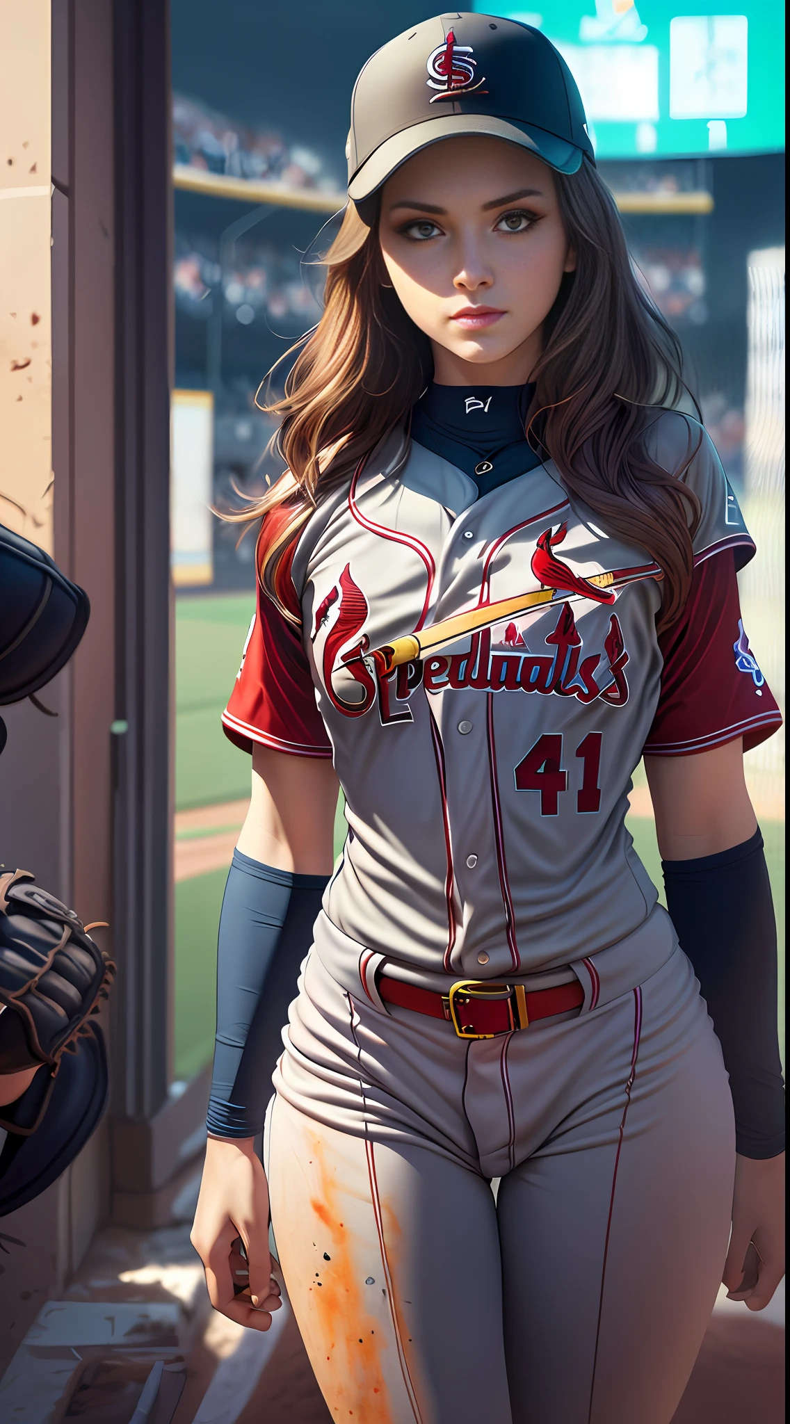Teddi Mansueto, full body potrait of a photorealistic beautiful woman, (spectating a baseball game:1.5), hands in pockets:1.25, staring at camera in front, intense coloration fantasy, light hair, a stunning realistic photograph 20 years , random colored hair, (St Louis Cardinals fan fashion:1.3), random color eyes, full body, cover, hyperdetailed painting, luminism, octane render, Bar lighting,  complex, 8k resolution concept art portrait by Martina Fačková and Prywinko Art, Artgerm, WLOP, Alphonse Mucha, Tony Taka, fractal isometrics details bioluminescence,  hypereallistic cover photo awesome full color, hand drawn, bright, gritty, realistic, davinci, erte .12k, intricate. hit definition , cinematic,Rough sketch, mix of bold dark lines and loose lines, bold lines, on paper , real life human