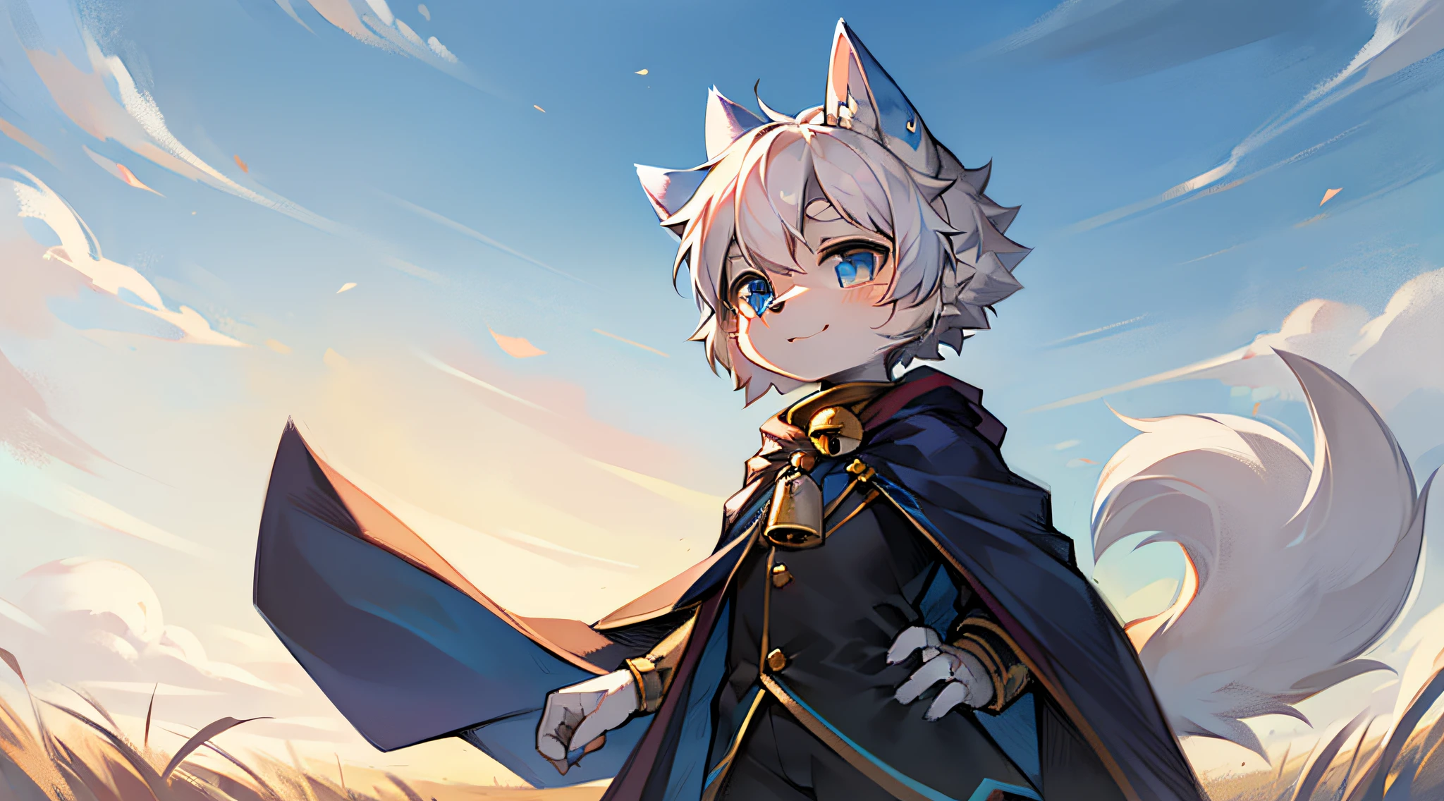 Sunny day, furry, blue wolf, cape, white hair, short hair, prairie, bell, child, humanoid, big fluffy tail, dog ears, super cute face, pose