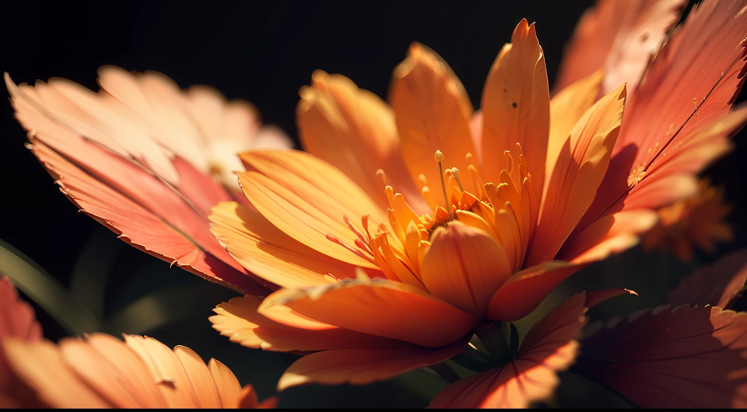 Sofia, touch delicately, on the petals, orange flower, cinematic colors, vignette, discreet, bright, dark depth of field