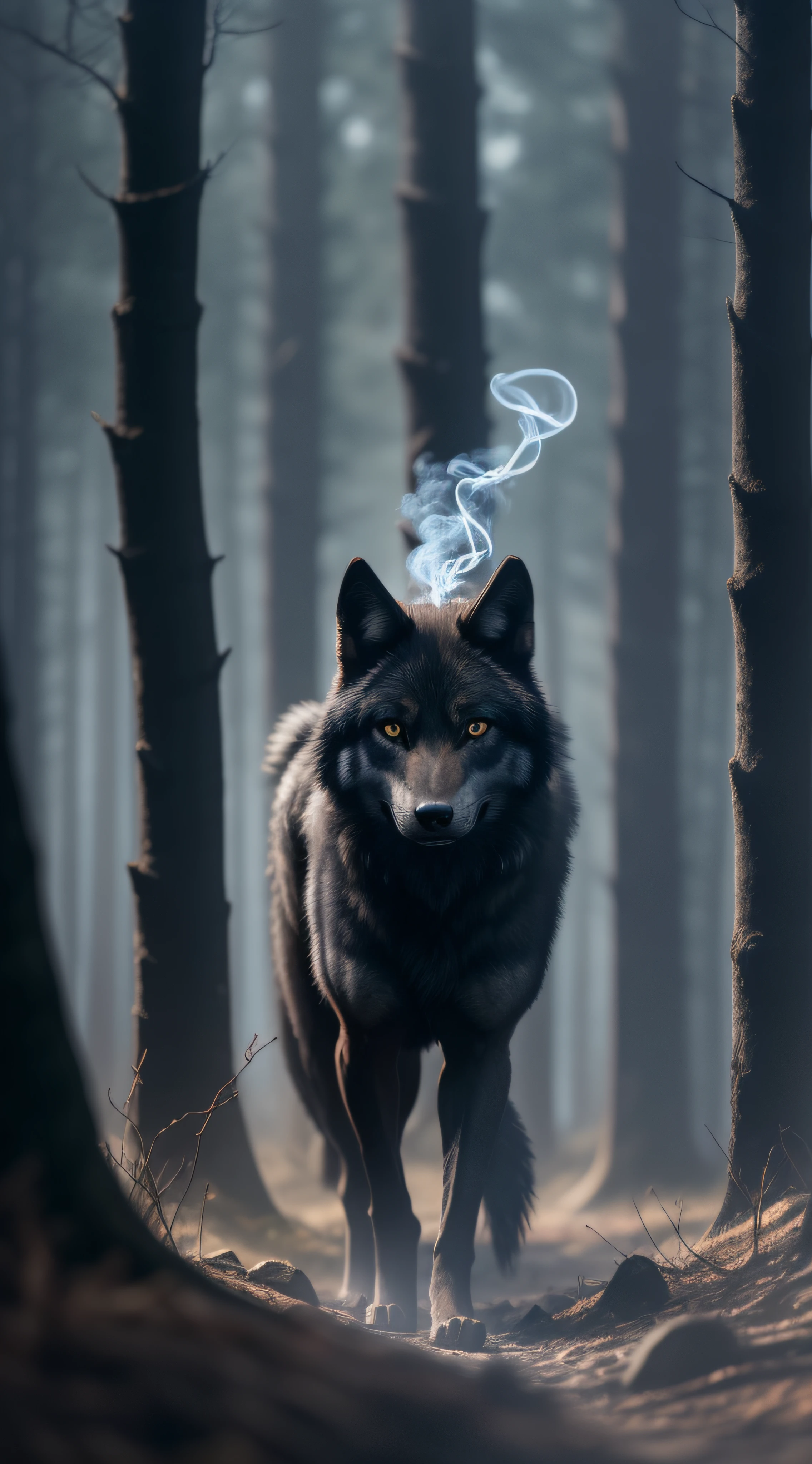 Glowing-eyed hairy black wolf with a living shadow emanating black smoke in a dark and mysterious forest