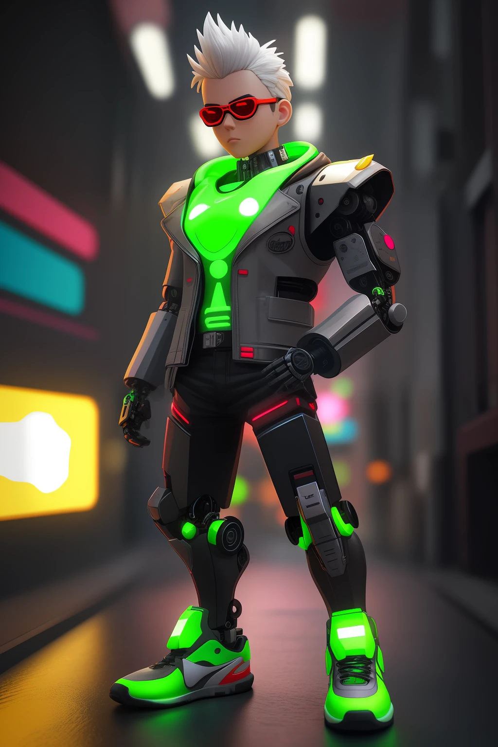 mechanical cyborg, chibi boy, resin mockuP, complex details, looking at the viewer, bored pose, full body, black background, super fashionable, with green hair, bored face, robotic arms, holding black mecha weapons, wearing black bulletproof jacket, and black red nike functional shoes, light neon lines in shorts and jacket shoes,  fine gloss, clay material, popmart style, cyberpunk, ip by popmart, mockup blind box, studio light, front view, 3d rendering, c4d, octane render, blender, hyper quality, ultra hd, ultra high detail, 8k,