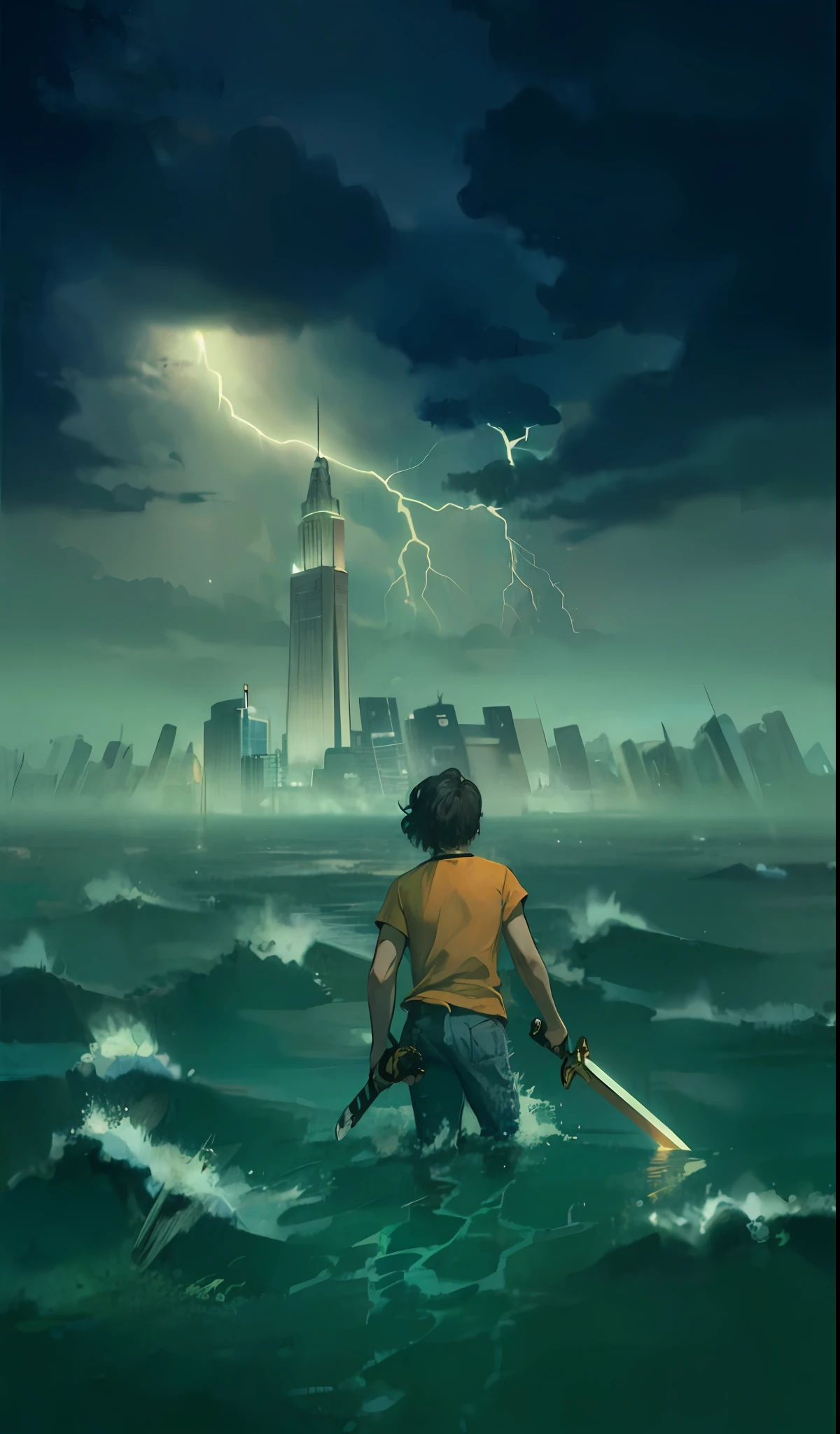 4k, detailed. Male teenager in orange T-shirt and jeans. He is holding a sword and a bull cipher. It's looking at a very distande city with lightning falling on the city. He's walking on the sea.