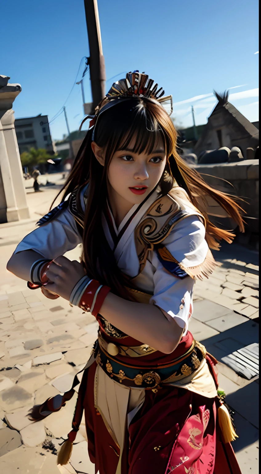 Masterpiece photography, ultra realistic, hyper realistic, hyper details, 4k, 8k, 12k, In the ancient Mayan civilization, a skilled and agile female warrior defends her city-state with a deadly proficiency in hand-to-hand combat. Her intricate headdress and vibrant attire symbolize her status as a revered protector of her people.