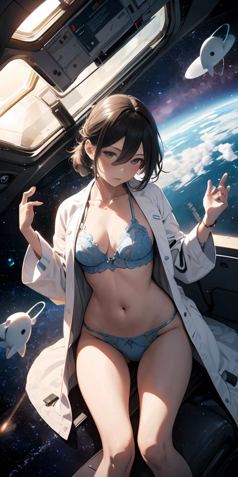 ridiculous resolution, high resolution, (masterpiece: 1.4), super detailed, girl alone, from above, space, floating, forgot to wear pants below, bathrobe, lace area small panties, embarrassment,