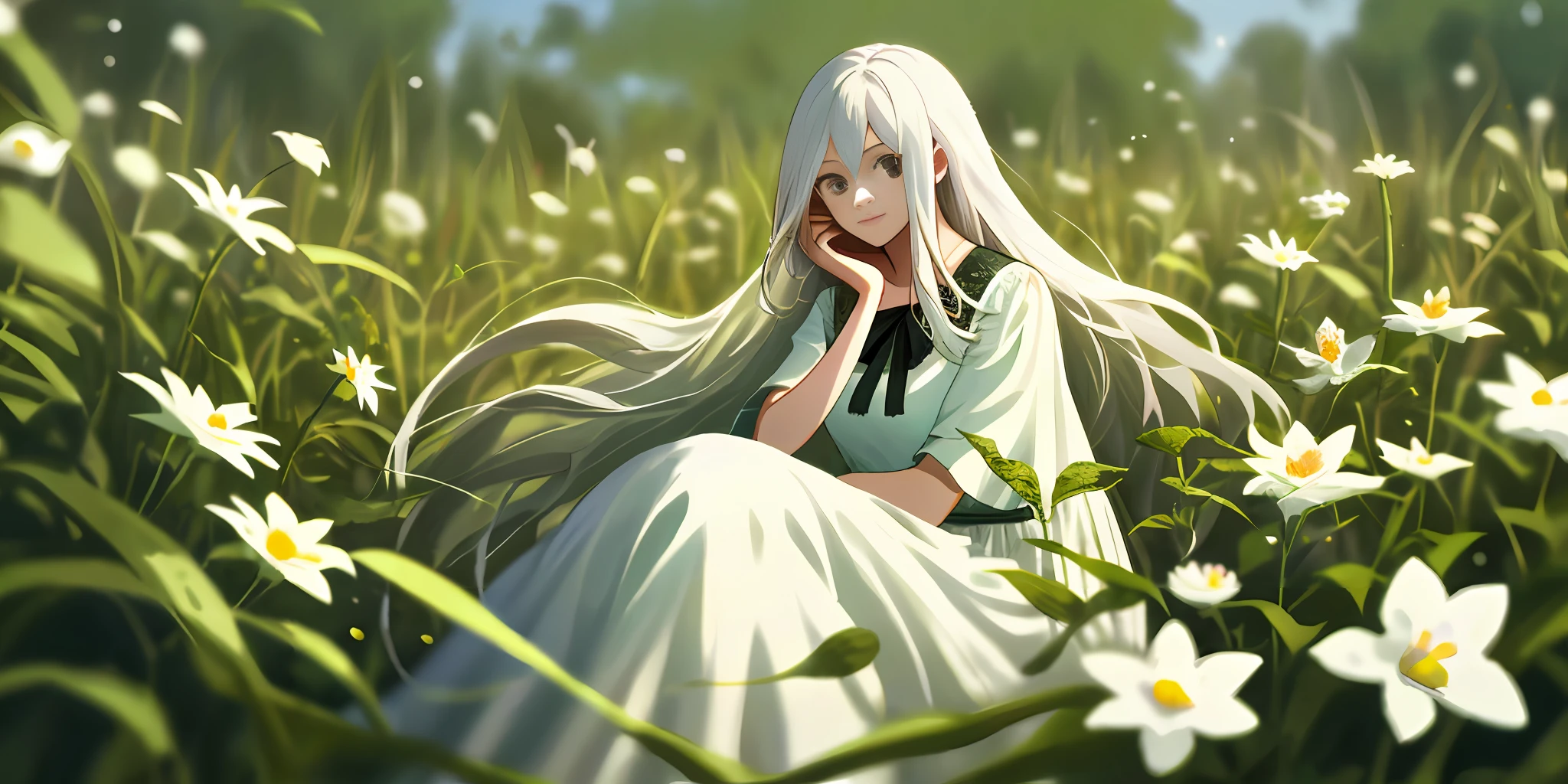 (masterpiece, best quality),1girl with long white hair sitting in a field of green plants and flowers, her hand under her chin, warm lighting, white dress, blurry foreground