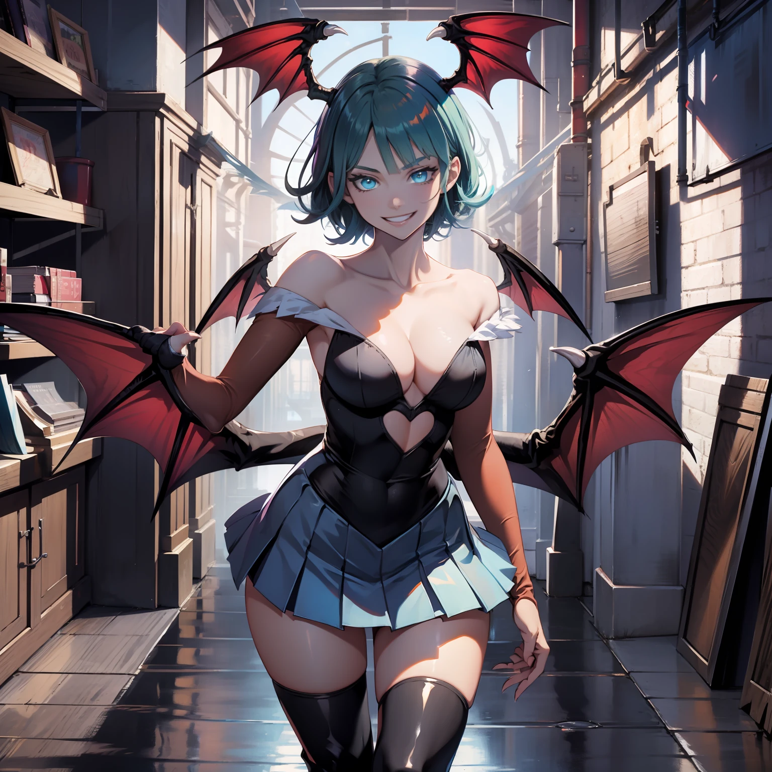 masterpiece, best quality, hi-res, 1girl, standing, blue shirt, bat wings, black hair,short hair,blue eyes,evil smile,evil smile,light blue pleated mini skirt,black boots