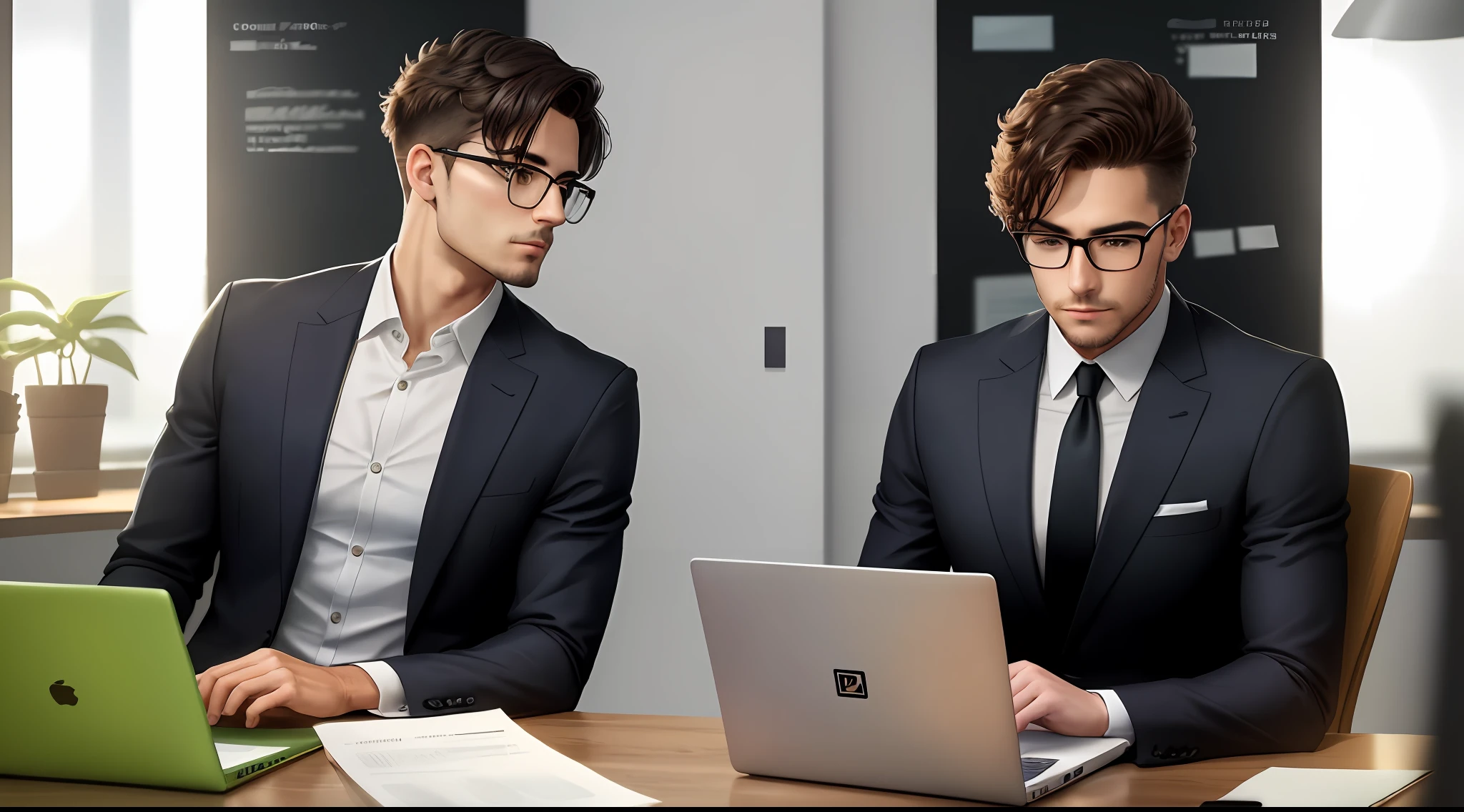 Two men in suits sitting at a desk with laptops, co-workers, one of them is very serious looking at the other's laptop, working in an office