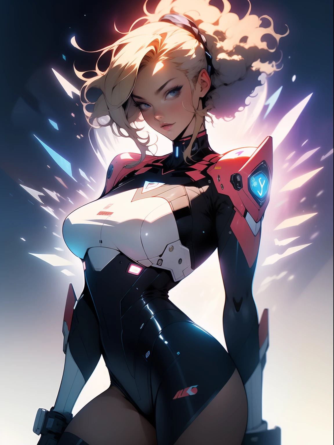 ((Best quality)), ((masterpiece)), (detailed: 1.4), (Absurd), Tank pilot black woman ready for war, shiny skin, perfect body, back, perfect ass, defined muscles, half thick naked thighs, closed mouth, only in panties, include stars in clothing, muscular body covered by technological clothing, Neon Genesis Evangelion style, cyberpunk, generous neckline, ((perfect large breasts)), (blue eyes without pupils), ((clothing in the colors of the flag of Australia)), (((afro blonde hair)))), (thin stripes covering the breasts), (Psychedelic tattoo on the arms), ((drawings of a devil on the arms)), Australia, short underwear, garter belt, by mucha, niji --V5, close to real, psychopath, crazy face, sexy pose, background with a giant Gundam style robot head, 2 piece clothing, shoulder pads with airplane wings, pastel, centered, scale to fit dimensions, HDR (High Dynamic Range),Ray Tracing,NVIDIA RTX,Super-Resolution,Unreal 5,Subsurface dispersion, PBR texture, Post-processing, Anisotropic filtering, Depth of field, Maximum clarity and sharpness, Multilayer textures, Albedo and specular maps, Surface shading, Accurate simulation of light-material interaction, Perfect proportions, Octane Render, Two-tone lighting, Wide aperture, Low ISO, White balance, Rule of thirds, 8K RAW, crysisnanosuit