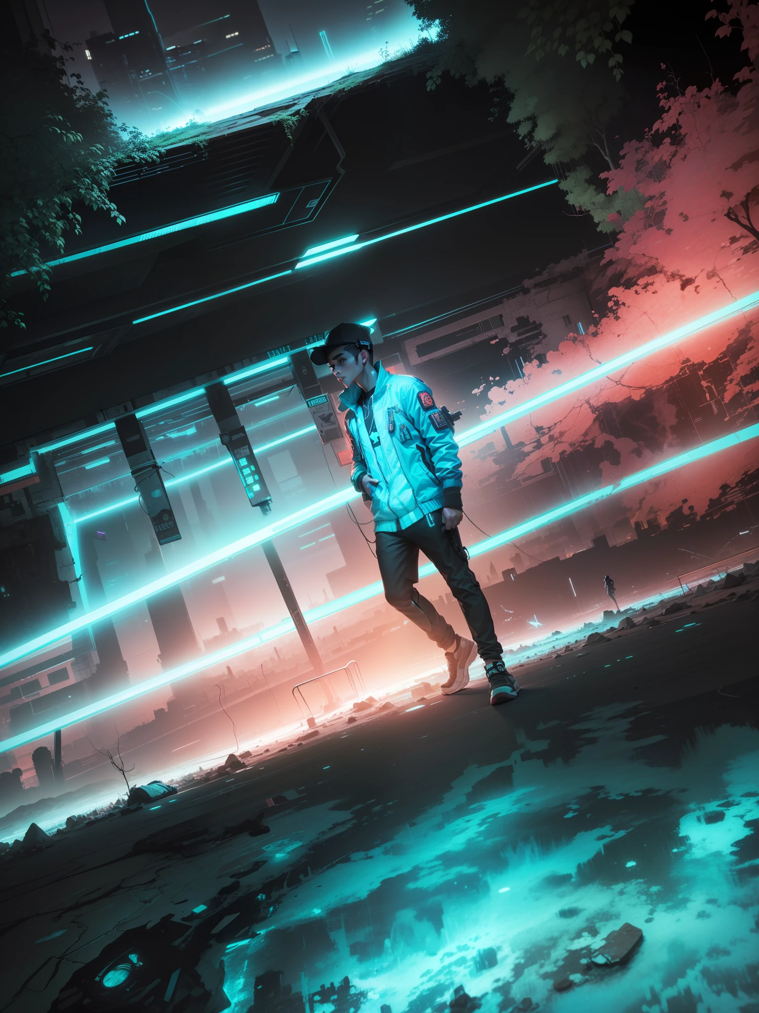 Change background to neon city, cyberpunk jacketboy, neon floor, aesthetic