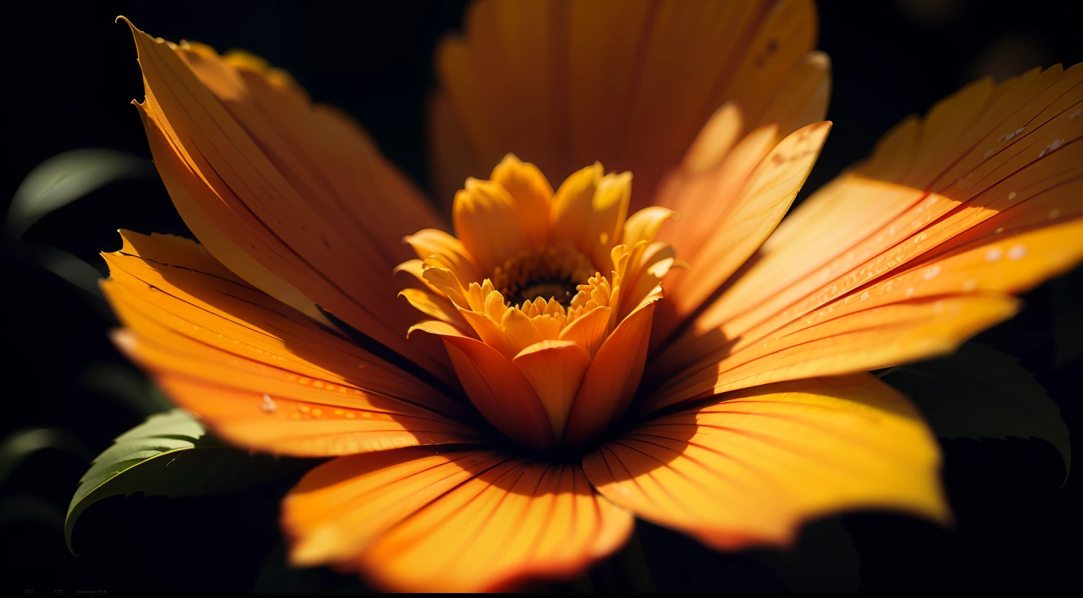 Sofia, gently touch the petals of the orange flower, cinematic colors, vignette, discreet, bright, dark depth of field