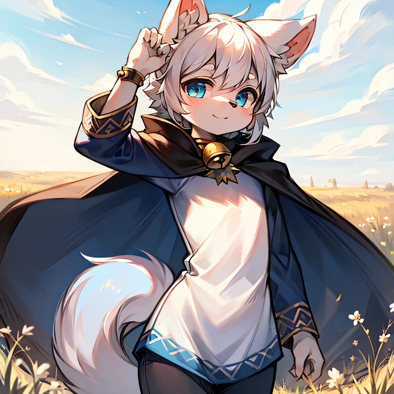 Sunny day, furry, blue wolf, cape, white hair, prairie, bell, child, humanoid, big fluffy tail, dog ears, super cute face, pose