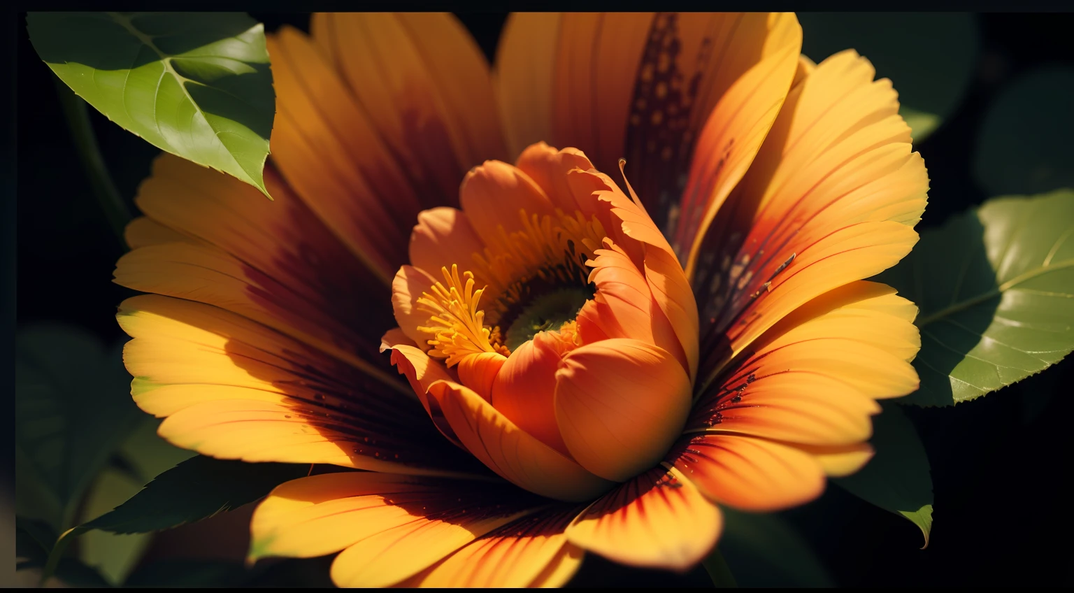 Sofia, gently touch the petals of the orange flower, cinematic colors, vignette, discreet, bright, dark depth of field