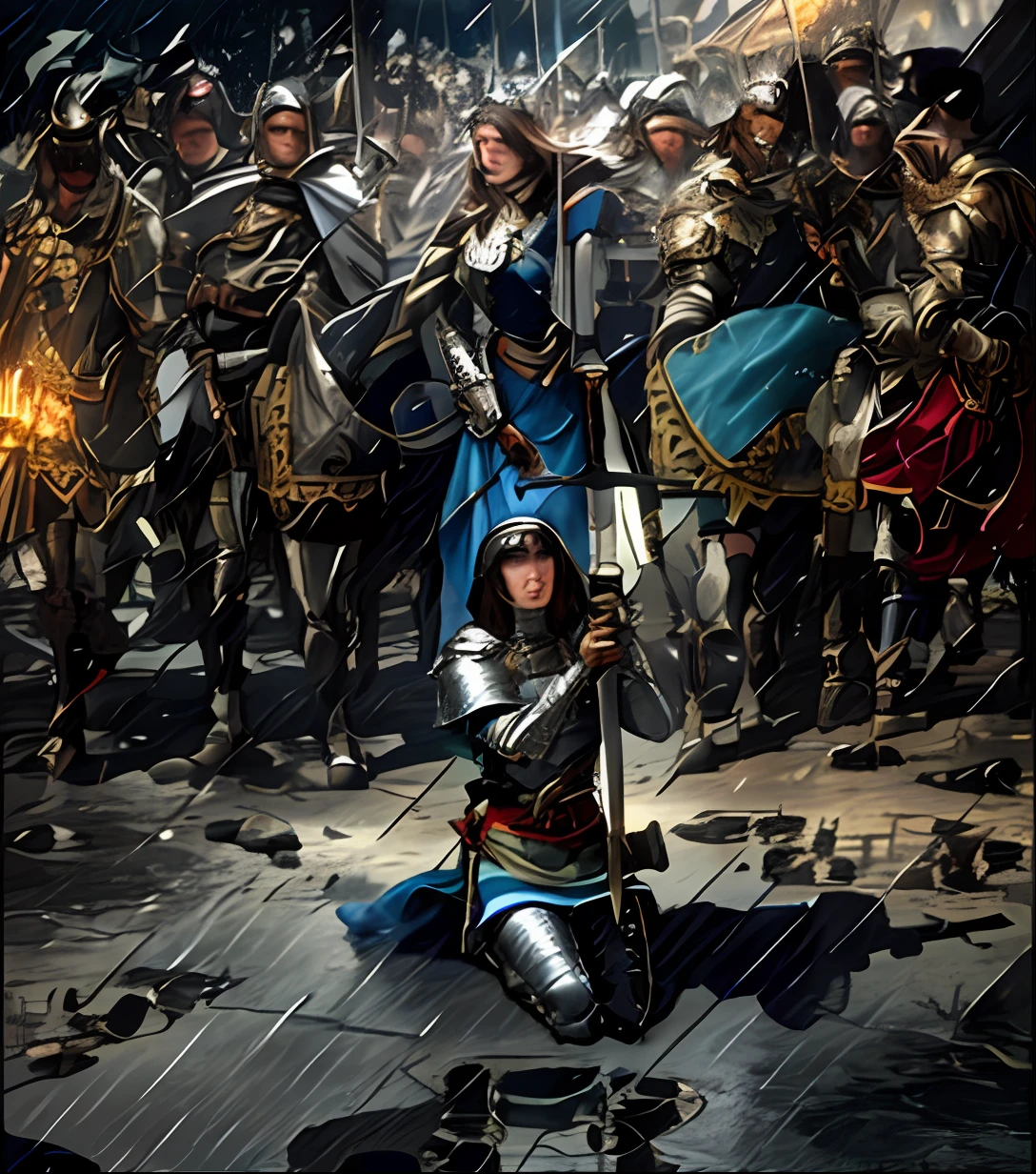 an image of Joanna D'arc in armor, on her knees, holding a sword, in front of a group of warriors on mounts, rain falls