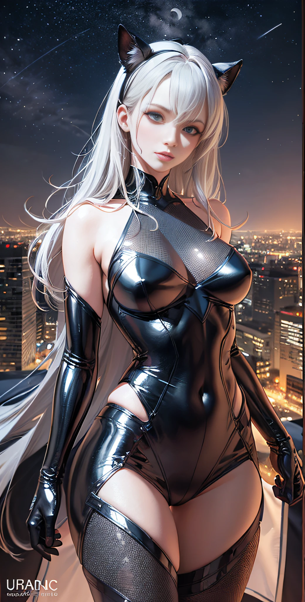 (masterpiece, 4k resolution, ultra-realistic, very detailed), (black and white superhero theme, charisma, there is a girl wearing a high-leg over the town), (21 years old), (long gray hair: 1.2), full body, (blue eyes: 1.2), (chest)), (beautiful face), ((sandy urban environment): 0.8) |(cityscape, night, dynamic lights), (full moon), very realistic, highly detailed 4K painting, slender superheroine depicted at the top of the city,