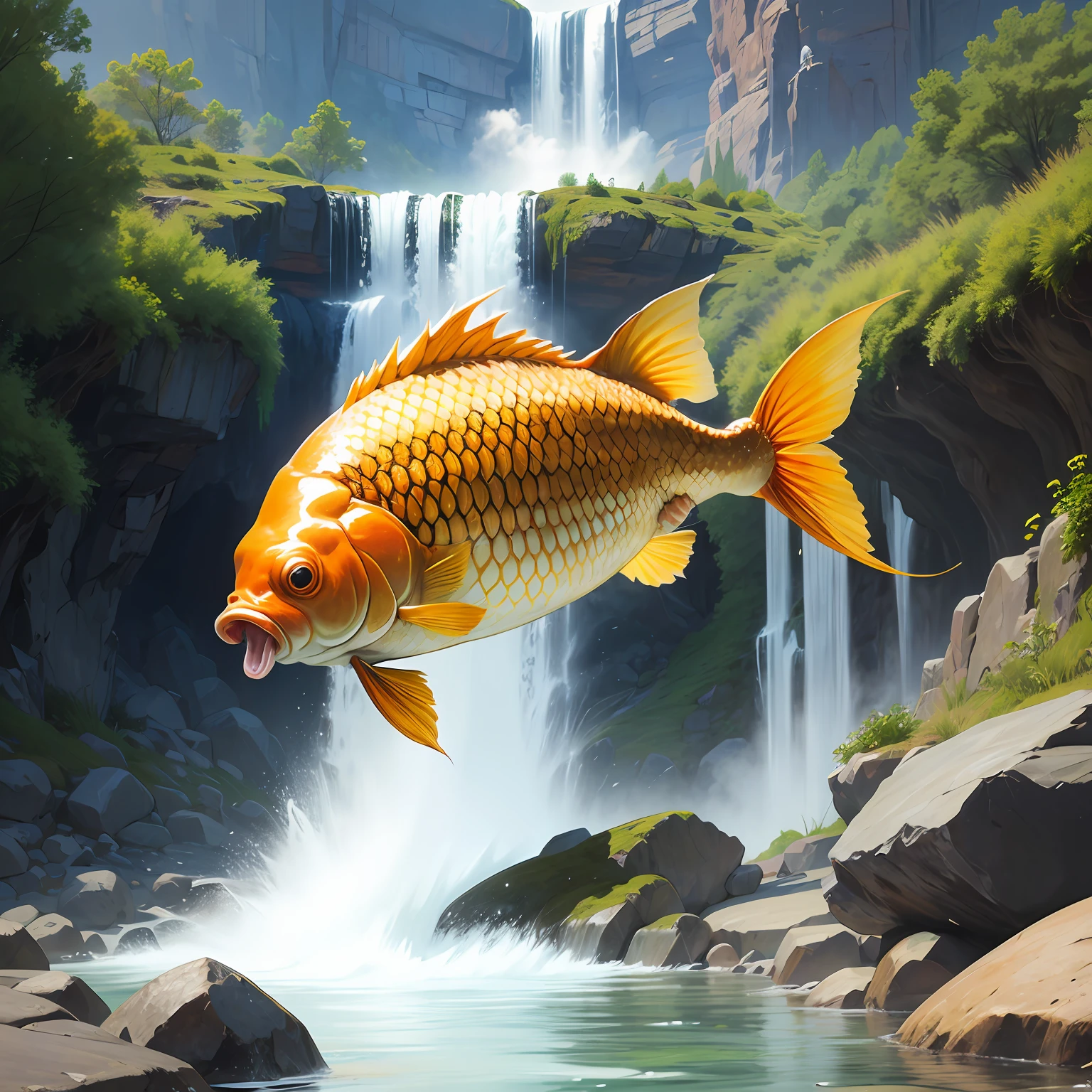 golden carp jumps in waterfall --auto