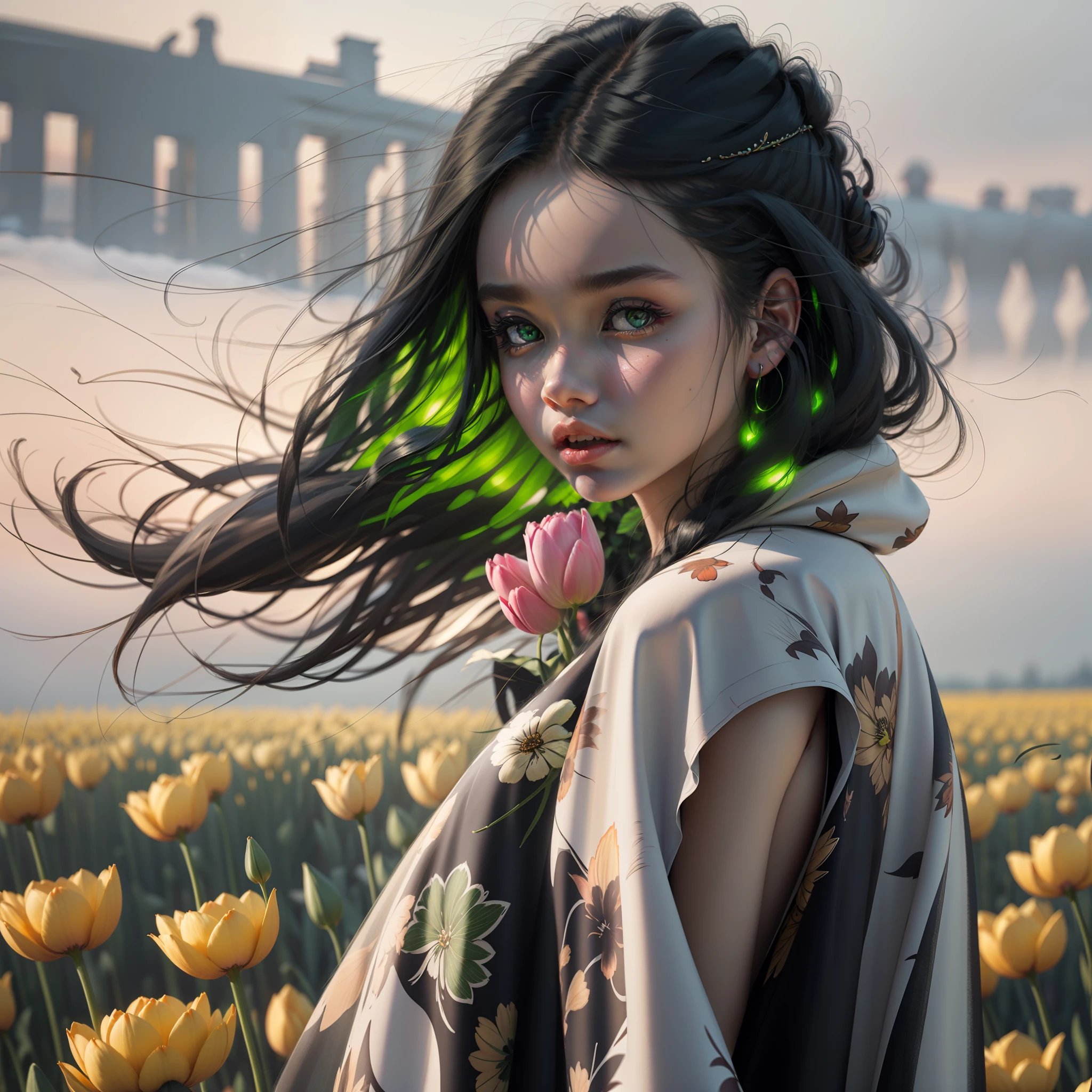 a girl walking on the snow, her black hair flying in the wind, her bright green eyes staring at red tulips among shimmering Chrysanthemums