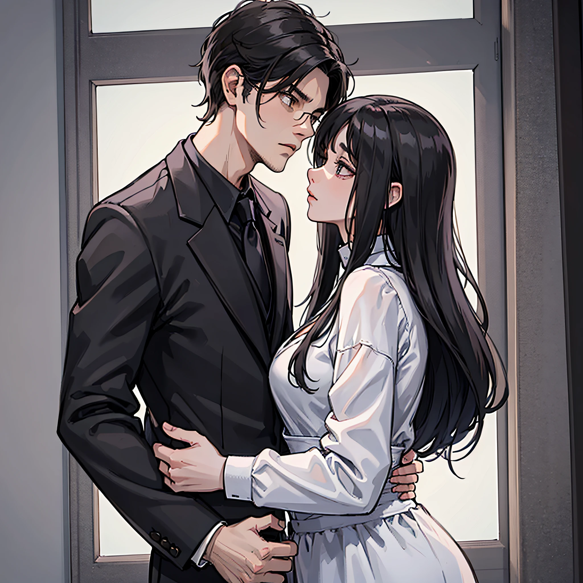 A man in a black suit, holding the shoulders of a woman in white clothes and black hair, with an indifferent expression, outside the community