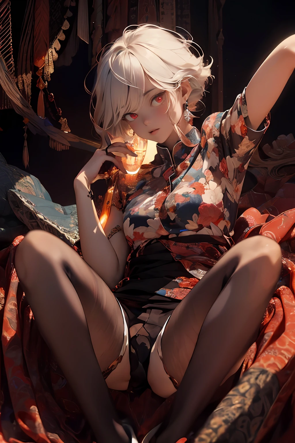 Realistic, (Masterpiece, Top Quality, Best Quality, Official Art, Beauty and Aesthetics: 1.2), Very Detailed, Fractal Art, Colorful, Most Detailed, Zentangle, (Abstract Background: 1.5) (1boy: 1.3), God, White Hair, Short Hair, (Glowing Red Eyes), Mysterious, (Magic), Ice, Perfect Woman, Egyptian Style, Full Body Display, Lying Down, Open Legs