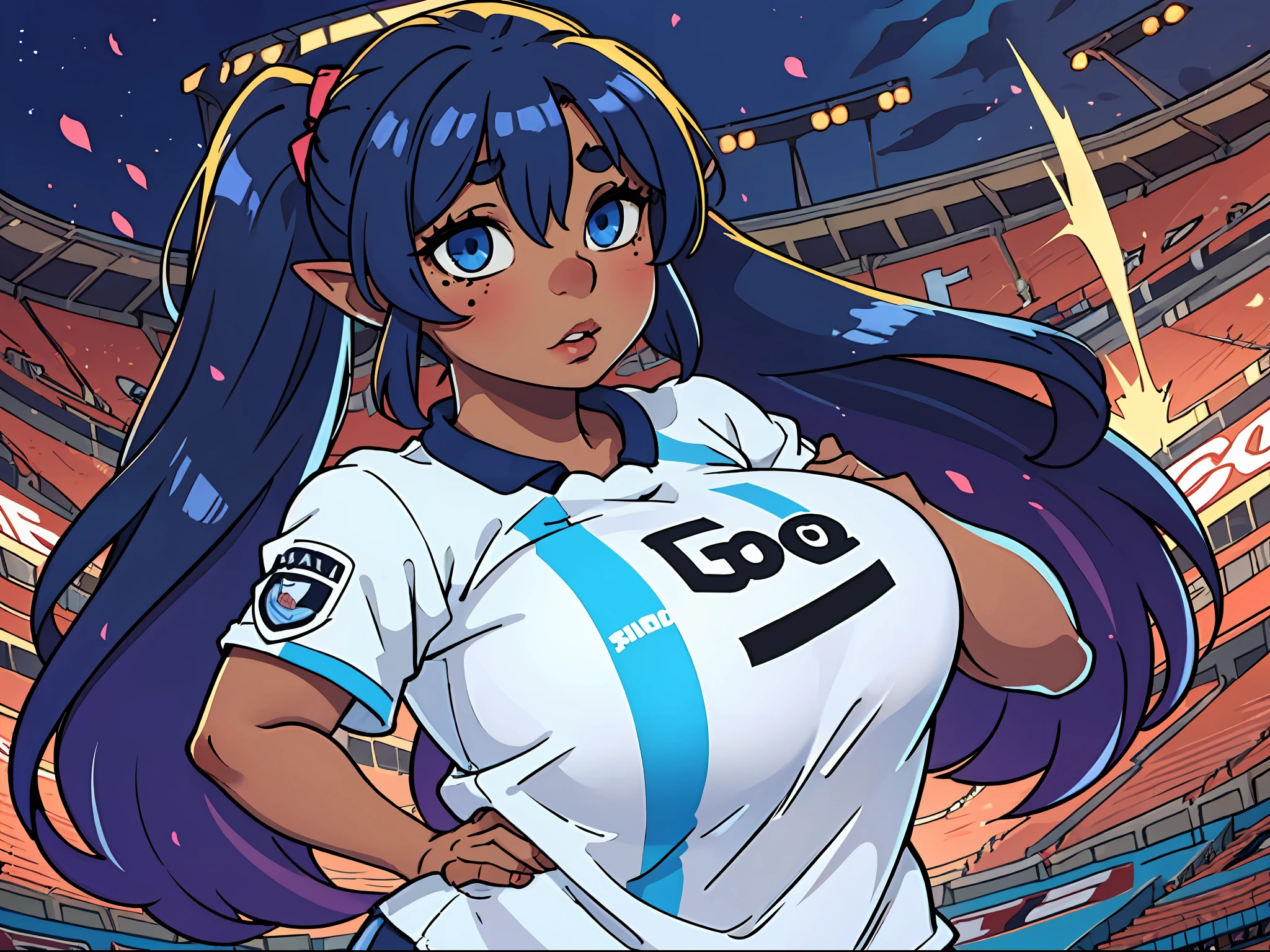 goblin, goblin girl, blue hair, very long hair, dark_ skin, very_dark_skin, dark skin goblin, dark-skinned girl, wide body, very dark skin girl, small stature, very chubby, cute goblin, huge breast, very large breast, hair between eyes, twintails, chubby, chubby girl, chubby girl goblin, wide hips, blue eyes, mole, mole on chest, age up, lips, big lips, thick eyebrows, body with fur, short girl, short goblin girl twintails, short girl, fat, very fat, soccer player, Soccer uniform, stadium