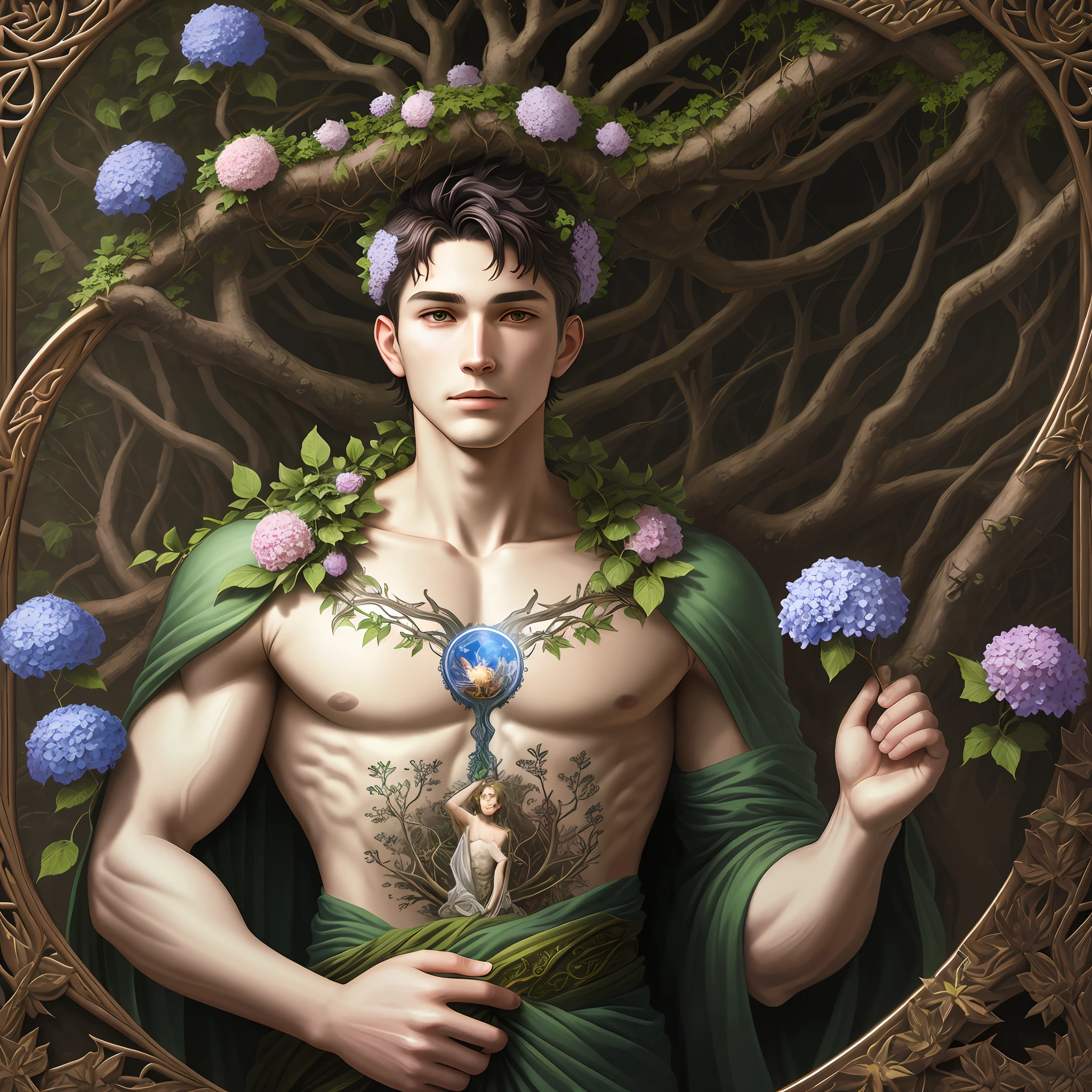 a painting of a young man, 36, hanging upside down from a tree with flowers, a detailed ultra-fine painting inspired by Mark Brooks, pixiv, art nouveau, flowers growing from his body, thorns and vines. Detailed, Mark Brooks and Brad Kunkle, deity of hydrangeas, humanoids covered in flowers, wrapped in vines, covered in vines, mystical landscape, enchanted forest, card tarot the madman