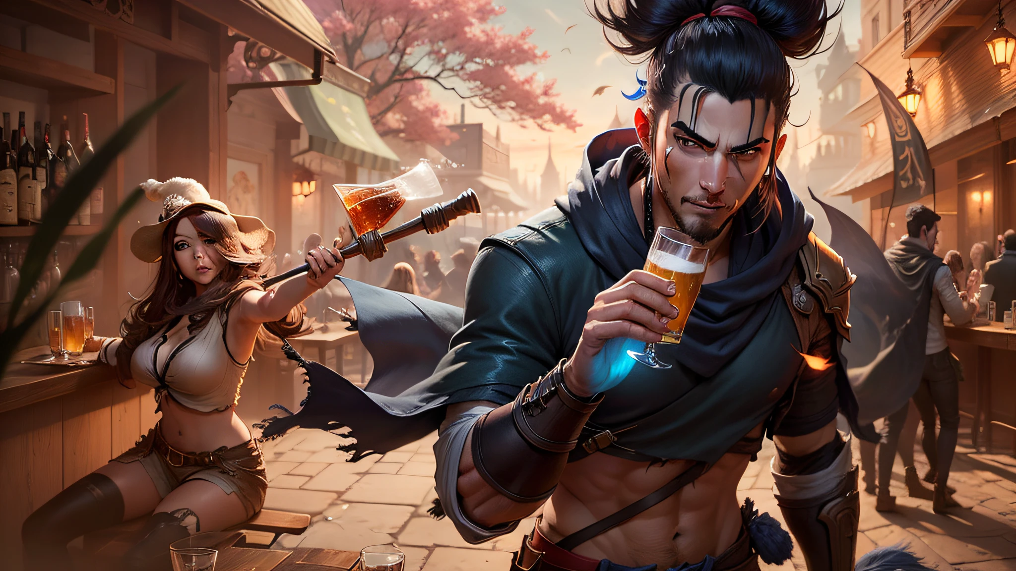 Yasuo League of Legends, beautiful woman in the background, at the bar, holding a glass of beer --auto