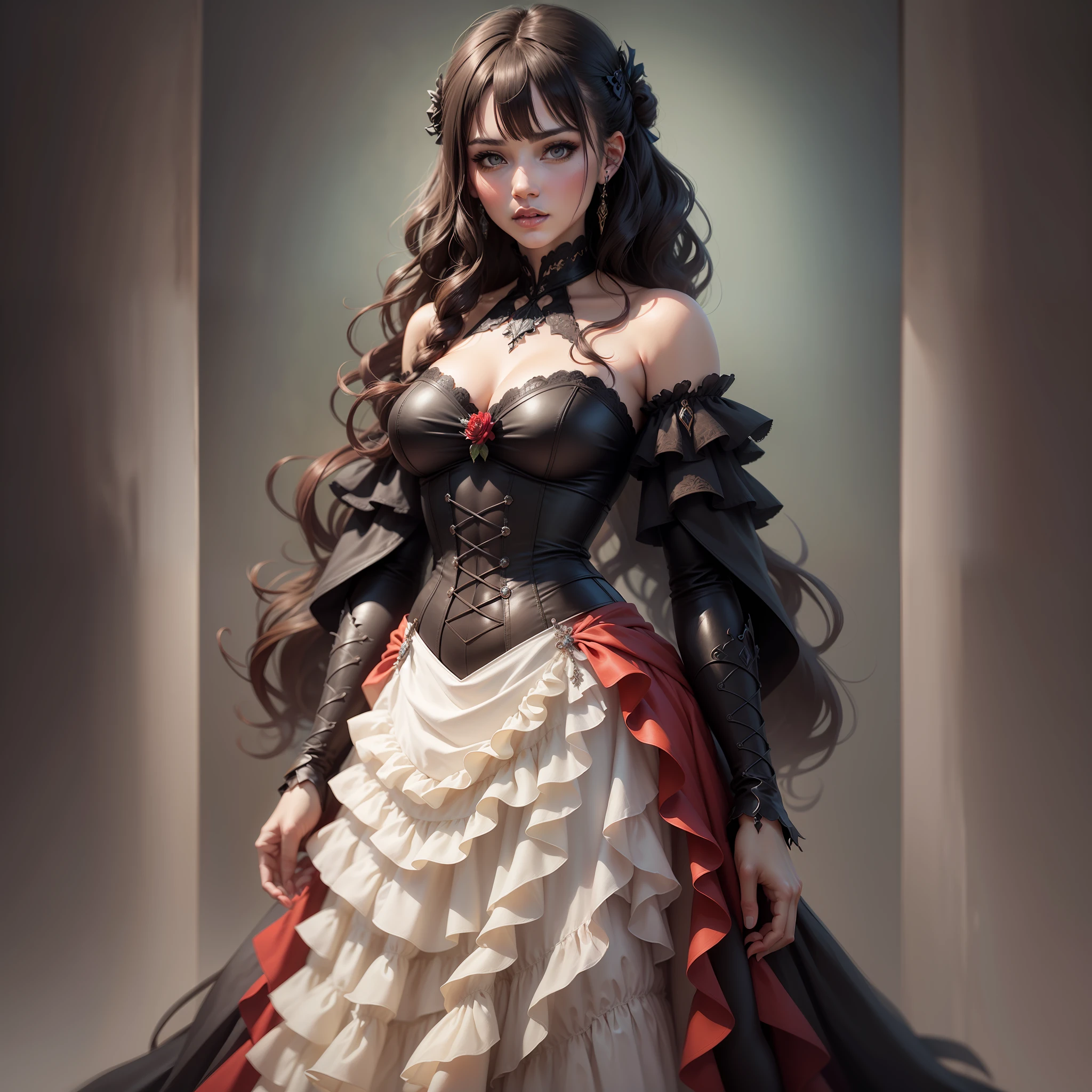 super cute woman, delicate and beautiful wavy braided bang hair, red gothic dress on black, seductive pose, full body, perfect proportion, dark fantasy, portrait, dark fantasy art portraits, gorgeous digital paintings, artgerm portraits, high resolution, highest quality, super high quality, super detail, ultra realistic, photorealistic