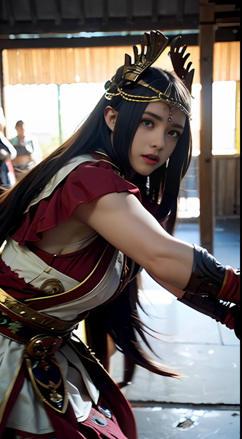 Masterpiece photography, ultra realistic, hyper realistic, hyper details, 4k, 8k, 12k, In the ancient Mayan civilization, a skilled and agile female warrior defends her city-state with a deadly proficiency in hand-to-hand combat. Her intricate headdress and vibrant attire symbolize her status as a revered protector of her people.