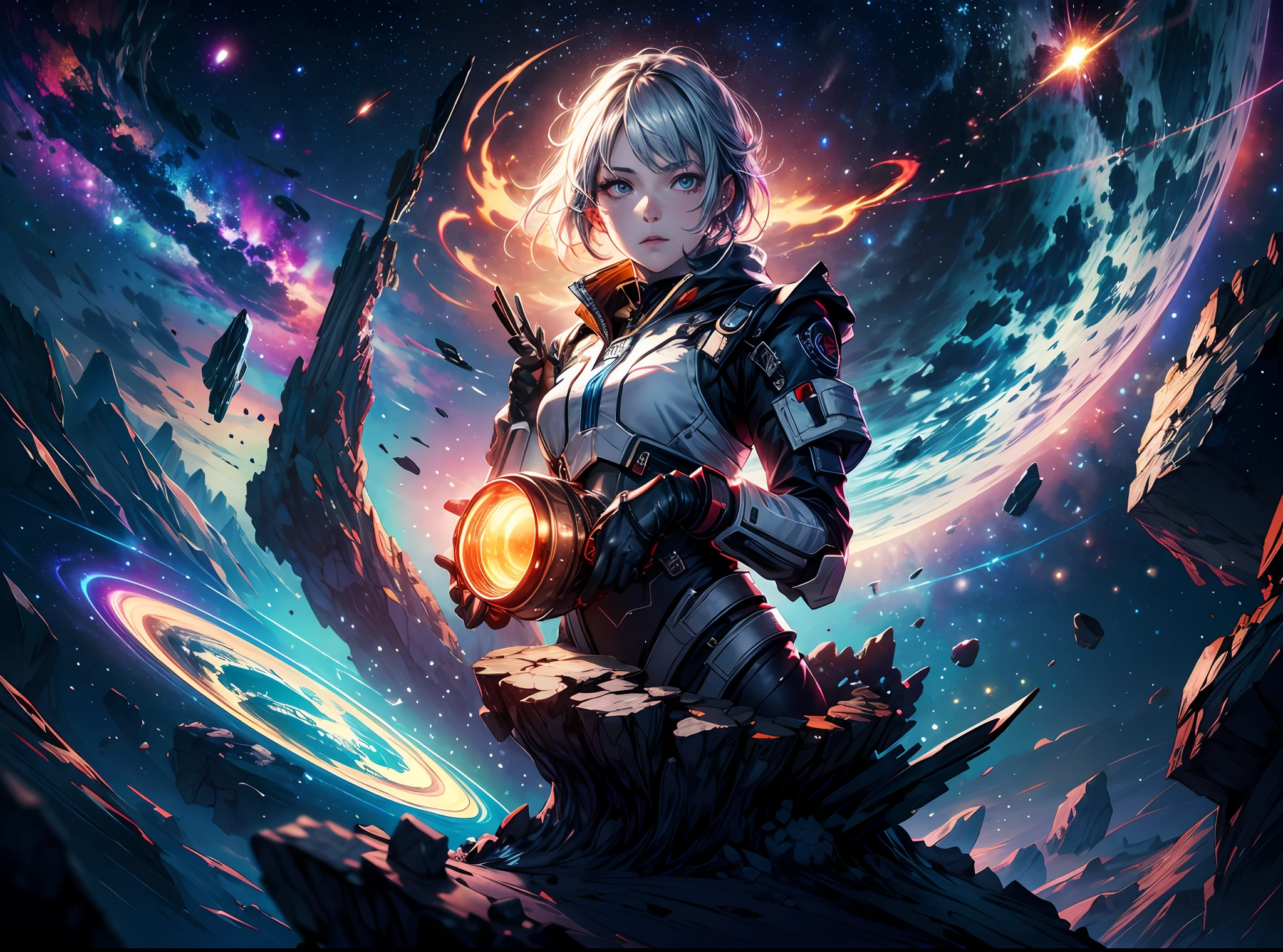 Draw a young female programmer, sitting on a research platform floating in the middle of an asteroid belt.She is studying with a notebook, surrounded by several asteroids glowing with fiery auras BREAK Dramatic lighting from distant stars and planets illuminates the scene, casting deep shadows on the suit. The young woman looks confident and determined, looking at the vast and mysterious universe with wonder and respect,BREAK,Detailed,Realistic,4k highly detailed digital art,octane render, bioluminescent, BREAK 8K resolution concept art, realism,by Mappa studios,masterpiece,best quality,official art,illustration,ligne claire,(cool_color),perfect composition,absurdres, fantasy,focused,rule of thirds