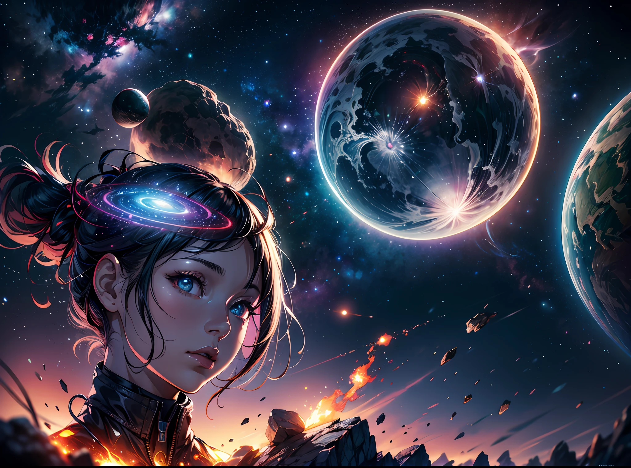 Draw a young female programmer, sitting on a research platform floating in the middle of an asteroid belt.She is studying with a notebook, surrounded by several asteroids glowing with fiery auras BREAK Dramatic lighting from distant stars and planets illuminates the scene, casting deep shadows on the suit. The young woman looks confident and determined, looking at the vast and mysterious universe with wonder and respect,BREAK,Detailed,Realistic,4k highly detailed digital art,octane render, bioluminescent, BREAK 8K resolution concept art, realism,by Mappa studios,masterpiece,best quality,official art,illustration,ligne claire,(cool_color),perfect composition,absurdres, fantasy,focused,rule of thirds
