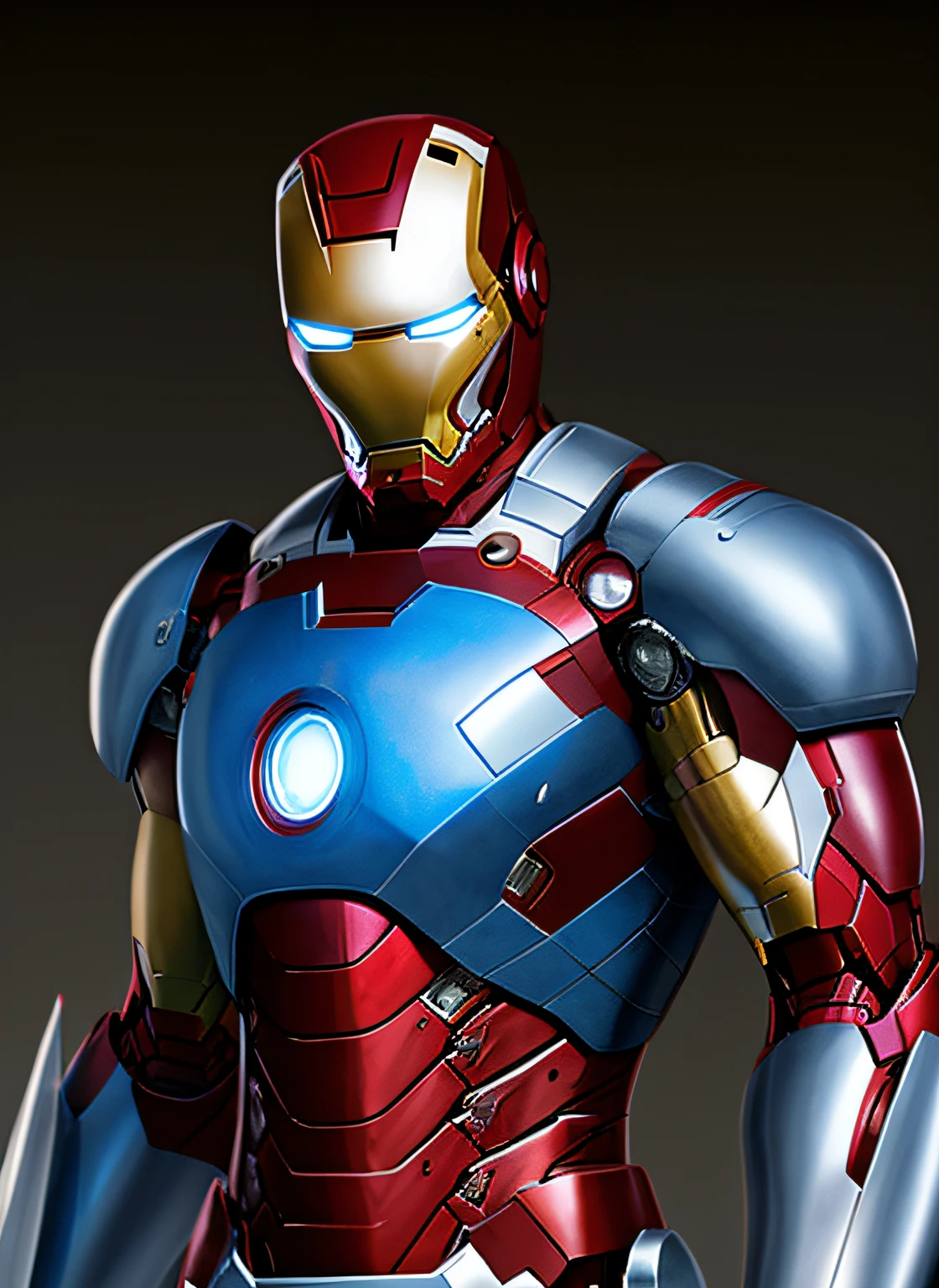 (Masterpiece), in silver and white colored iron man armor, realistic, perfect lighting, perfect shading,