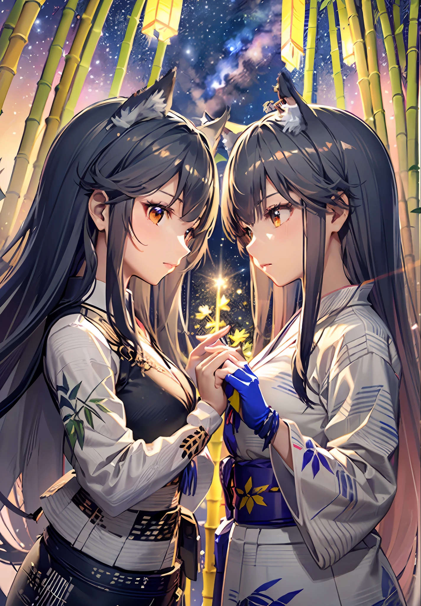 Absurdity, high resolution, super detail, light diffuse, highly detailed light reflection, harmonious, best shadow,
break, composition with depth, detailed light effects,
(2 girls: 1.5), (cheerful: 1.1), cute, conceptual art, flowing hair, pink hair,
(Cute patterned yukata, cotton yukata: 1.1),(Night sky), (Starry sky), (Milky Way):1.3
break
(bamboo): 1.7, (Tanabata ornament): 1.5, star festival
, (bamboo tree decorated with colorful pieces of paper, lots of paper pieces, tanzaku, pieces of paper hung on bamboo trees, pieces of paper hung on bamboo branches): 1.5, zoom out: 1.1, fractal art