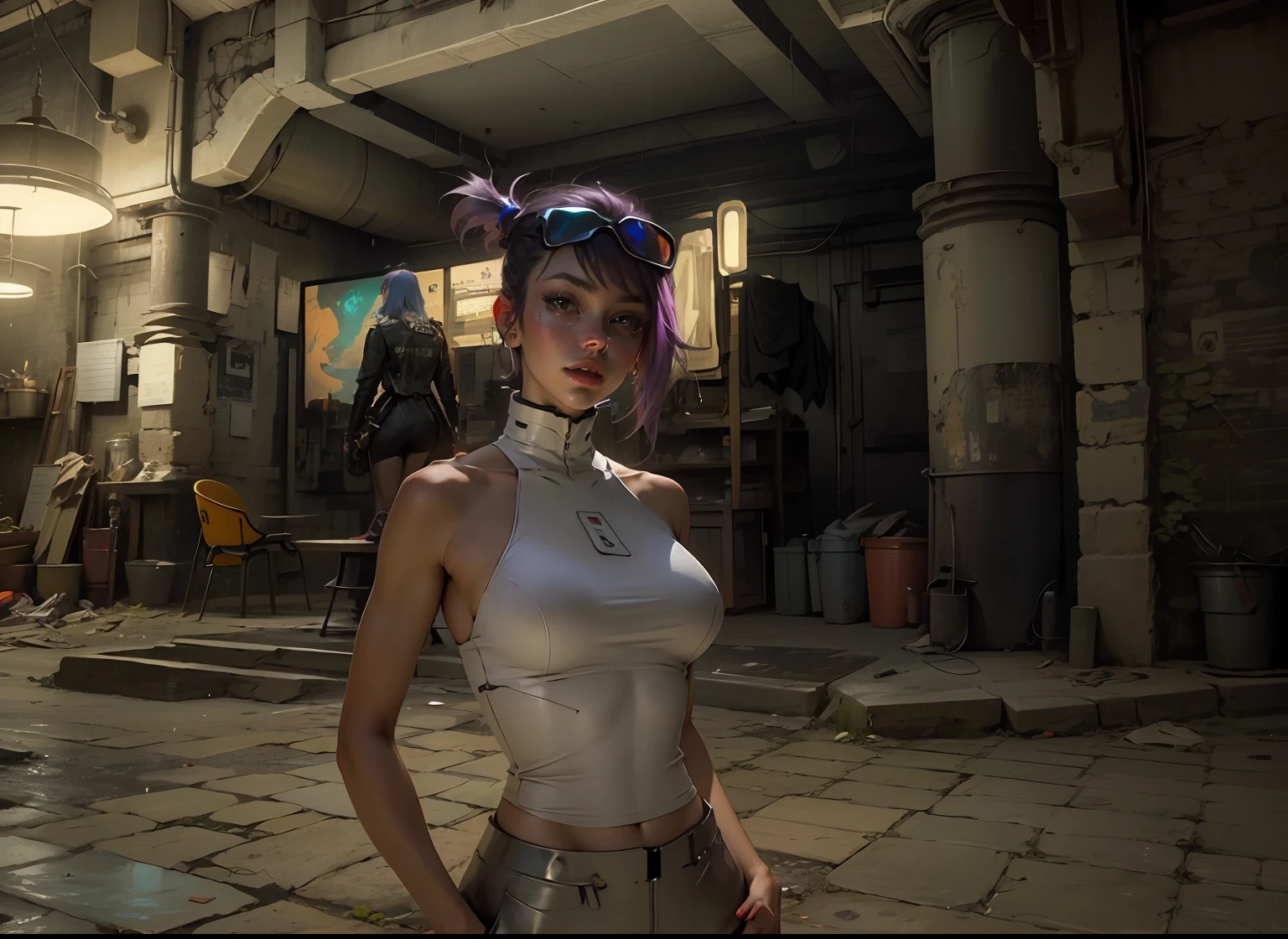 Beautiful woman colored hair, laying down cross-legged sexy leather clothes long breasts cyberpunk style realistic detailed, ghost in the shell futuristic