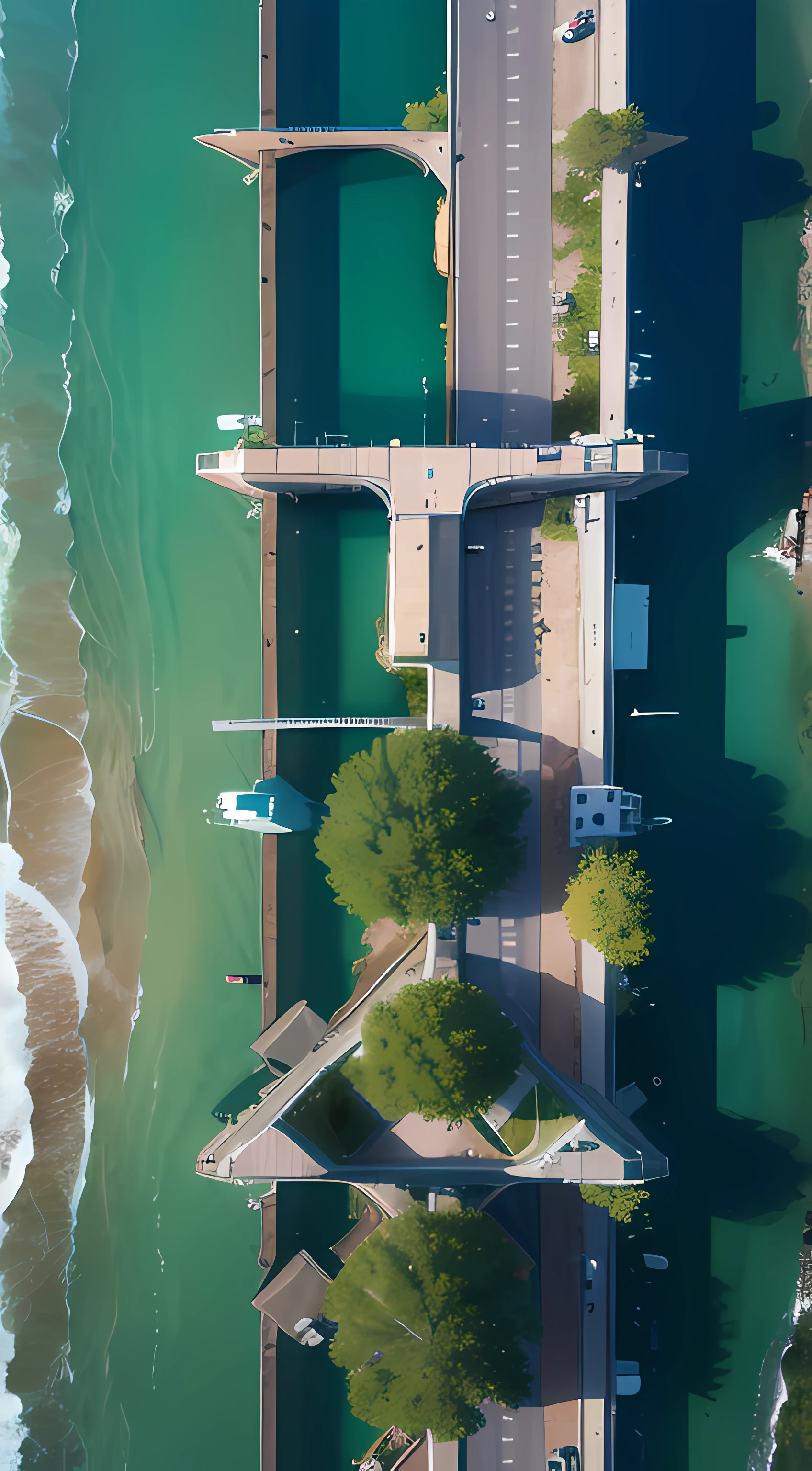 arafed view of a bridge over a body of water with boats, boats in the water, seen from above, overhead shot, shot from above, view from above on seascape, by Sebastian Spreng, shot from a drone, perspective shot from the sky, drone photography, top - down photograph, viewed from above, 4k drone photography, overhead view